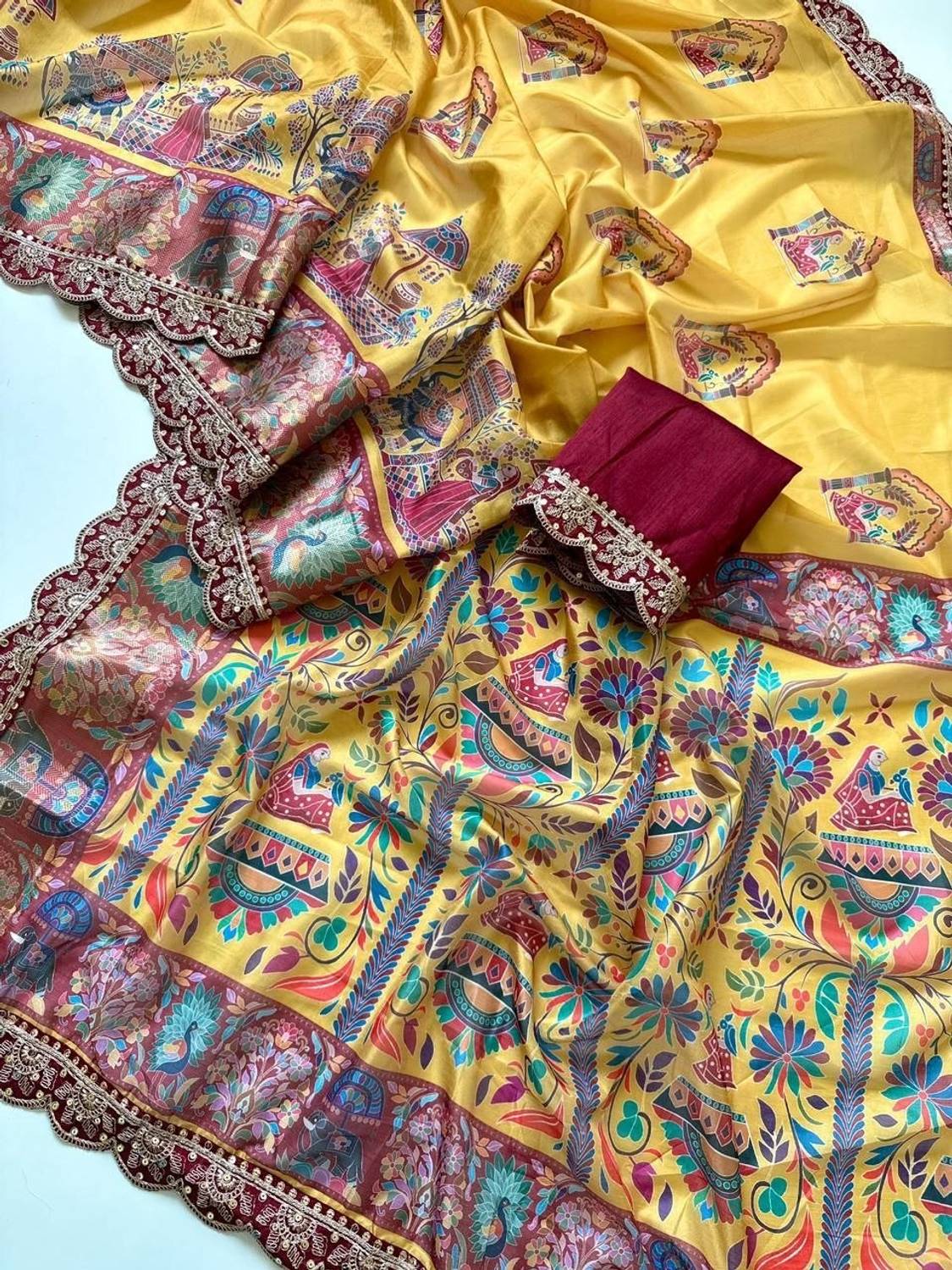 Arkia Printed, Floral Print Kalamkari Silk Blend Saree