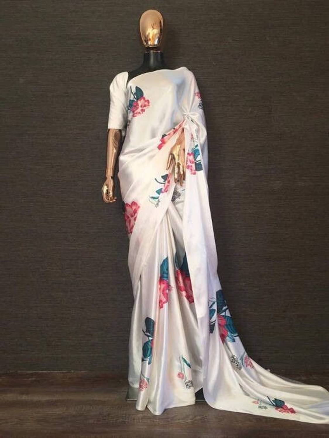 AVANSHEE Floral Print Bollywood Satin Saree - Image 1