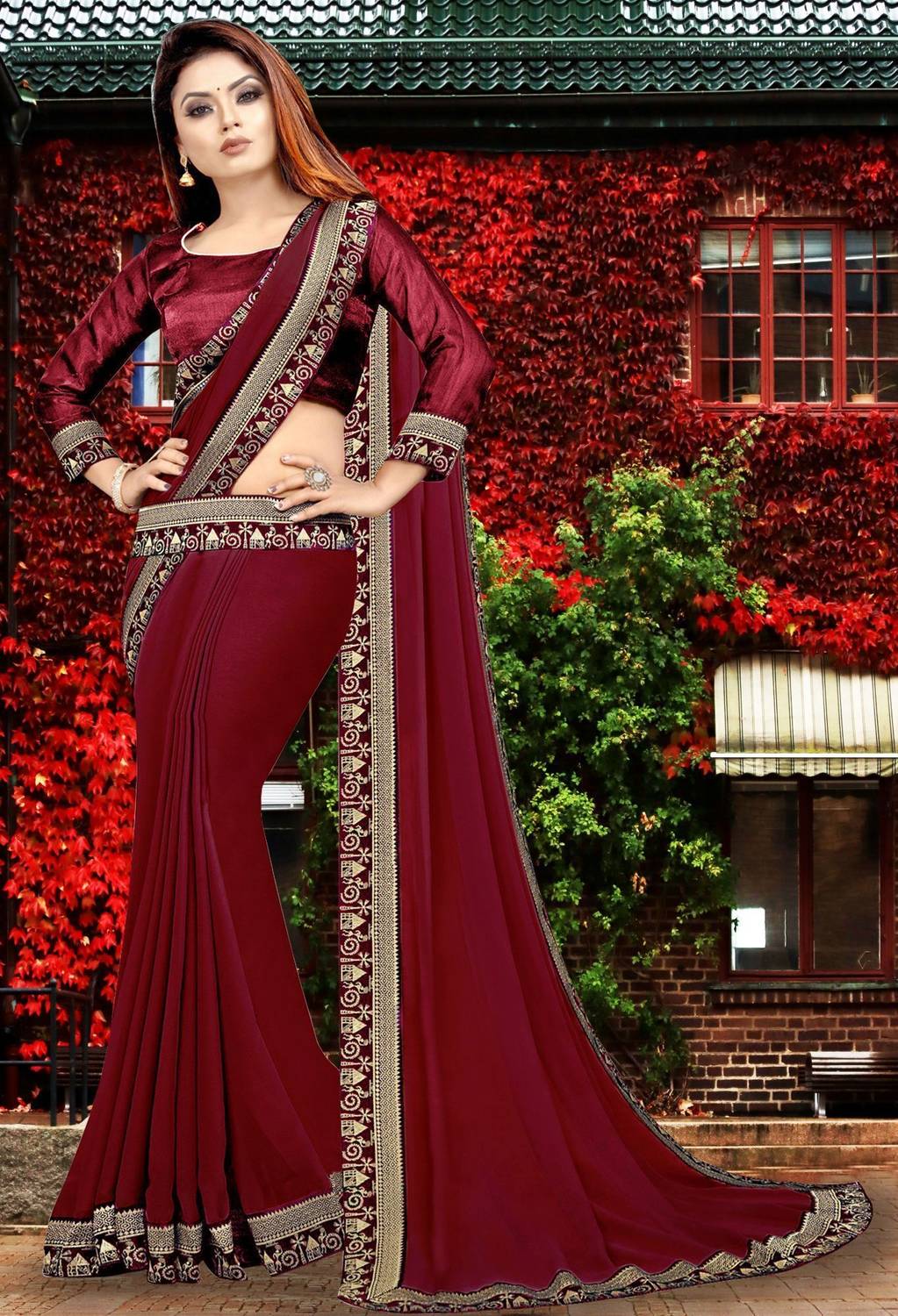 HNC Retail Solid/Plain Bollywood Lycra Blend, Chiffon Saree (Maro
