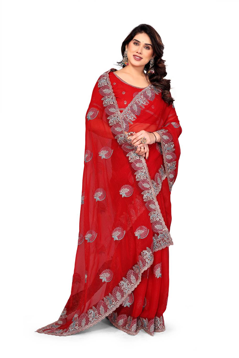 Buy Mikhushop Embroidered Bollywood Silk Blend Red Sarees Online
