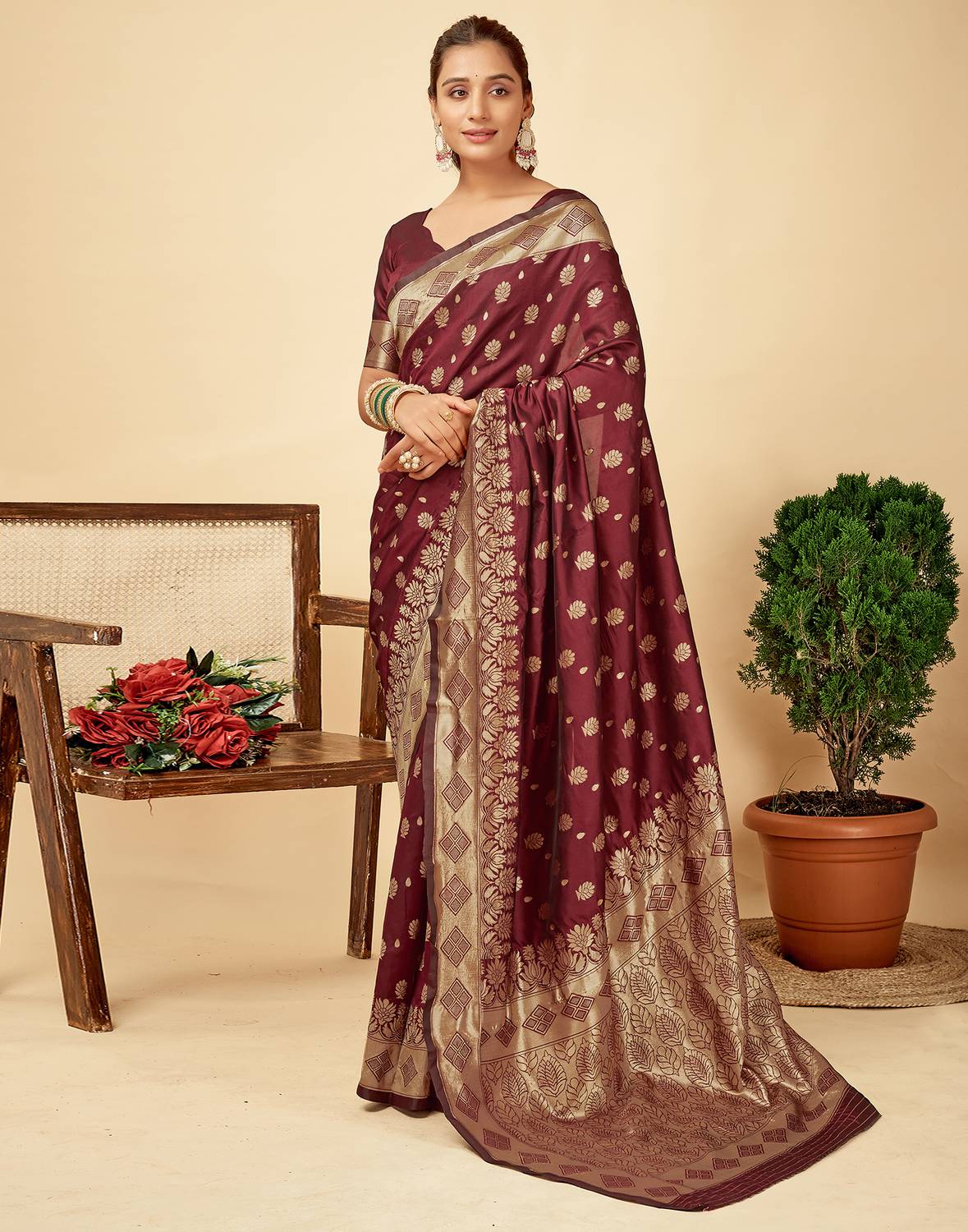 Samah Dyed, Woven, Embellished Banarasi Silk Blend Saree (Maroon,