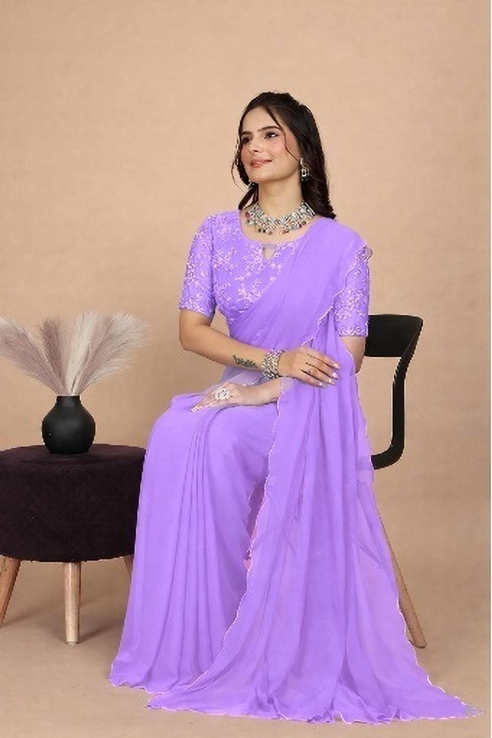 ANOKHI STYLE Solid/Plain Bollywood Georgette, Silk Blend Saree