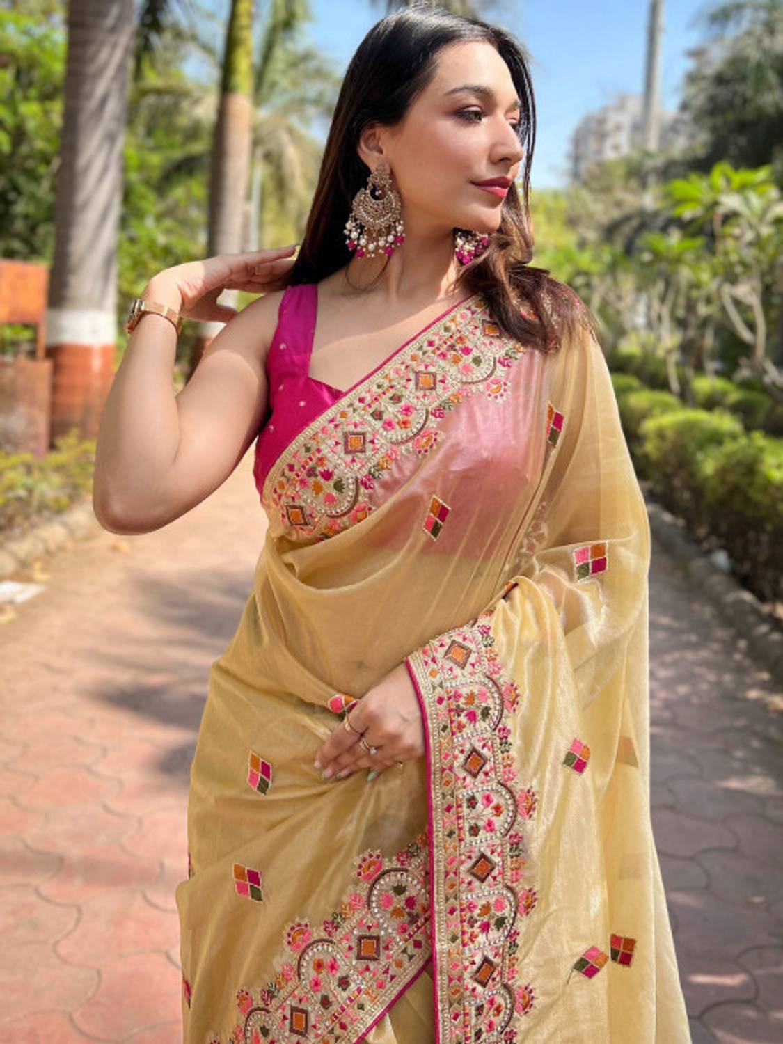 ANOUK Embroidered Yellow Saree with Attached Blouse - Image 5