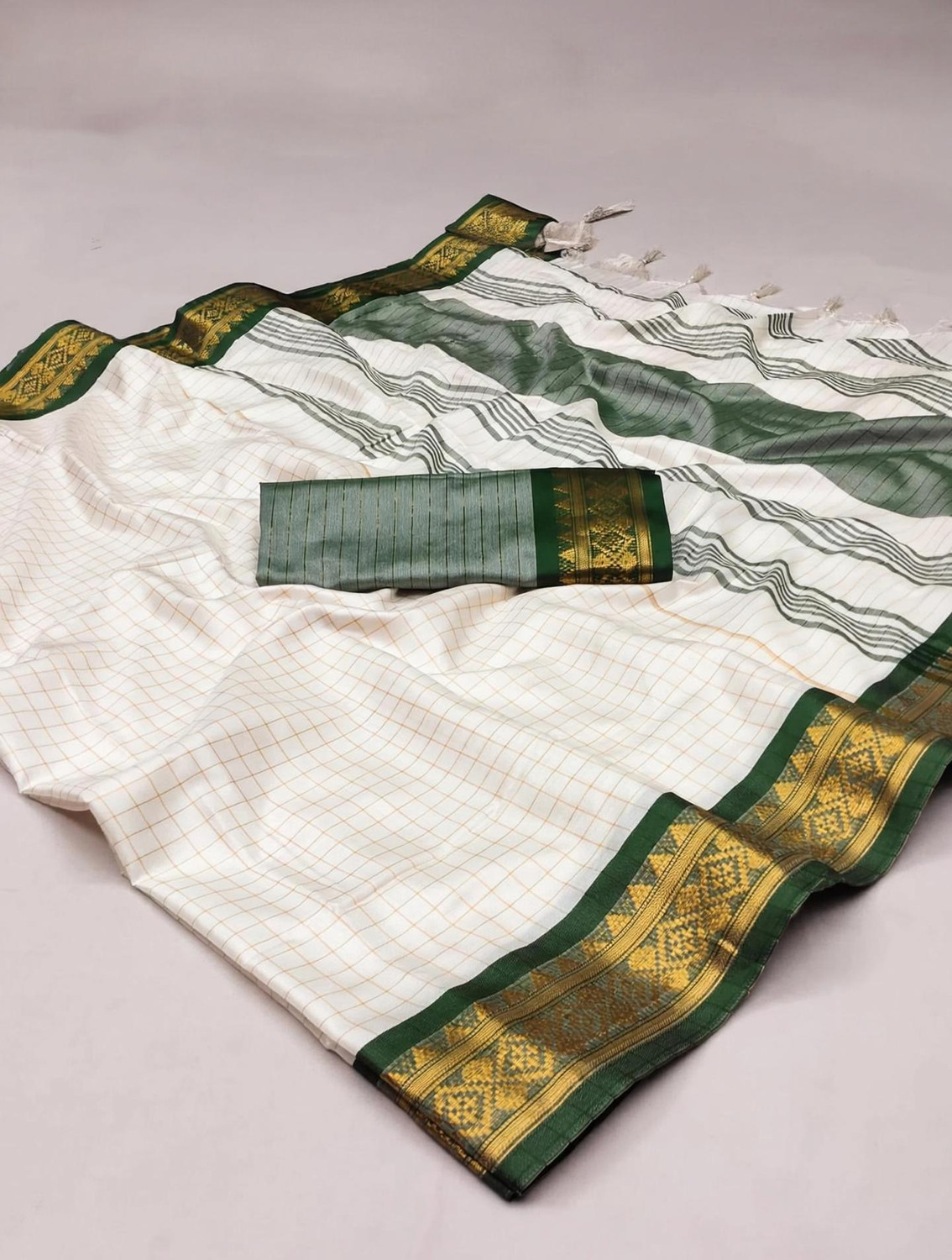 Image of FashionPallavi Woven, Embellished, Self Design, Striped Baluchari Cotton Silk, Jacquard Saree