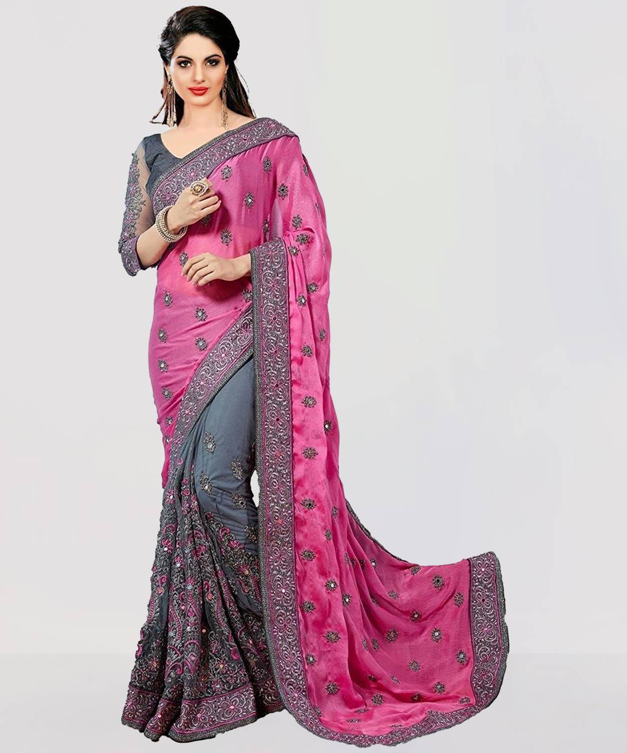 Semizoxis Embellished Bollywood Net, Art Silk Saree (Pink, Grey)