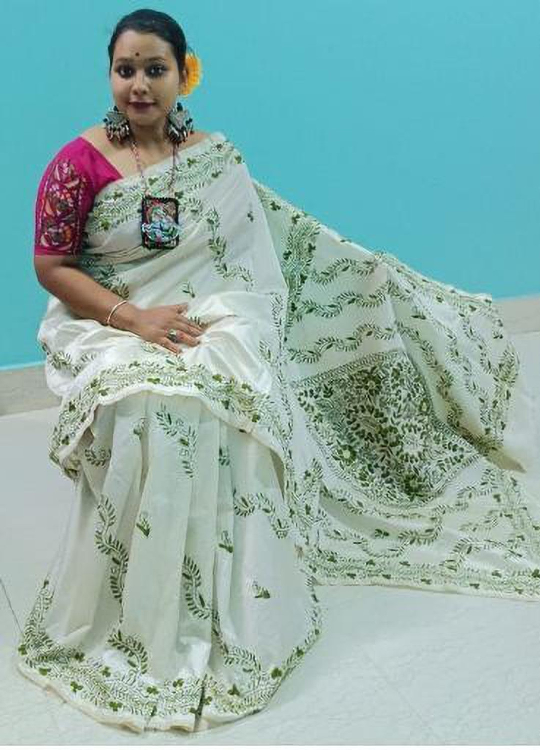 Image of RIMPAHANDICRAFT Embroidered, Floral Print Kantha Art Silk Saree
