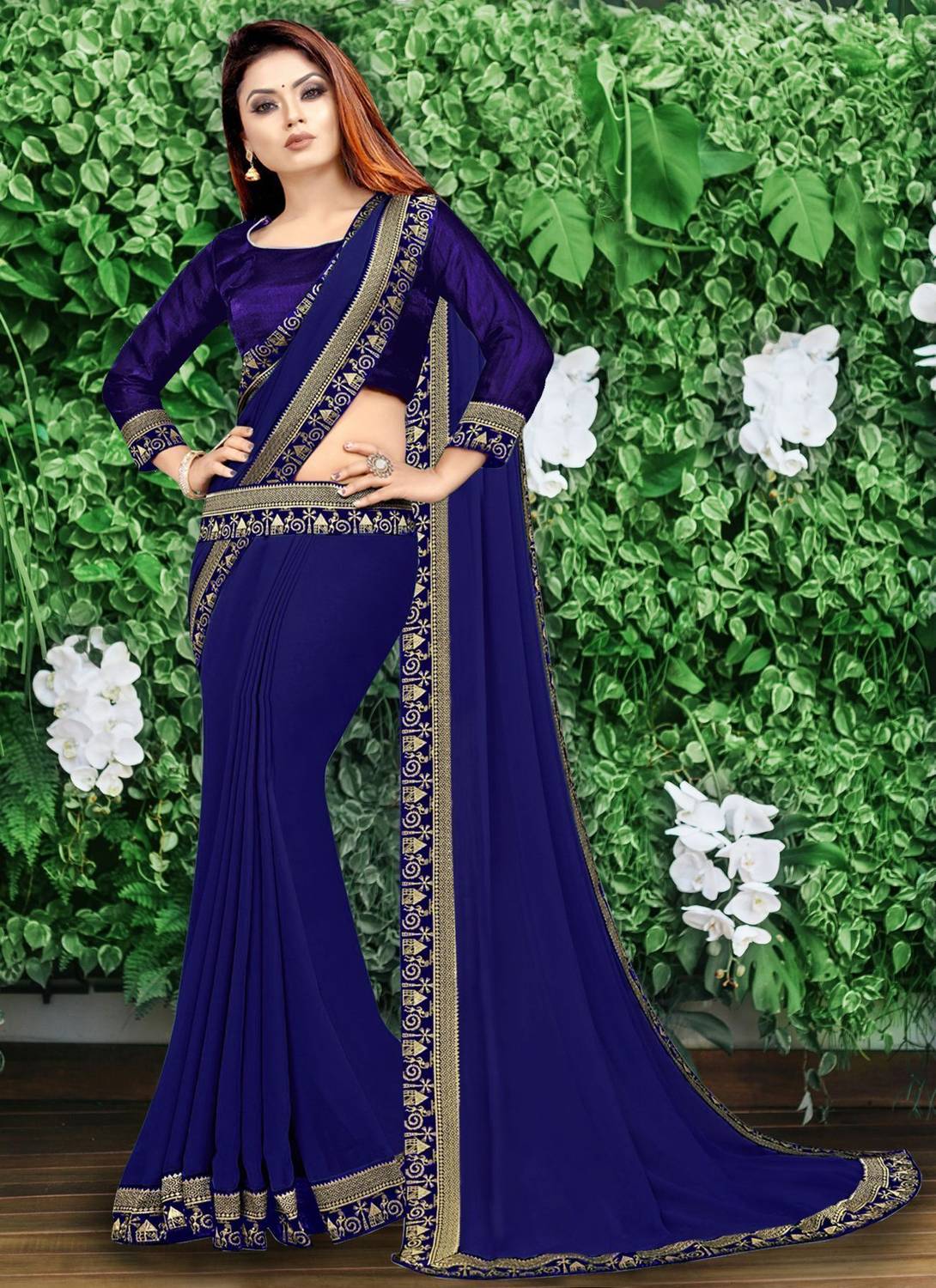 HNC Retail Solid/Plain Bollywood Lycra Blend, Chiffon Saree (Blue