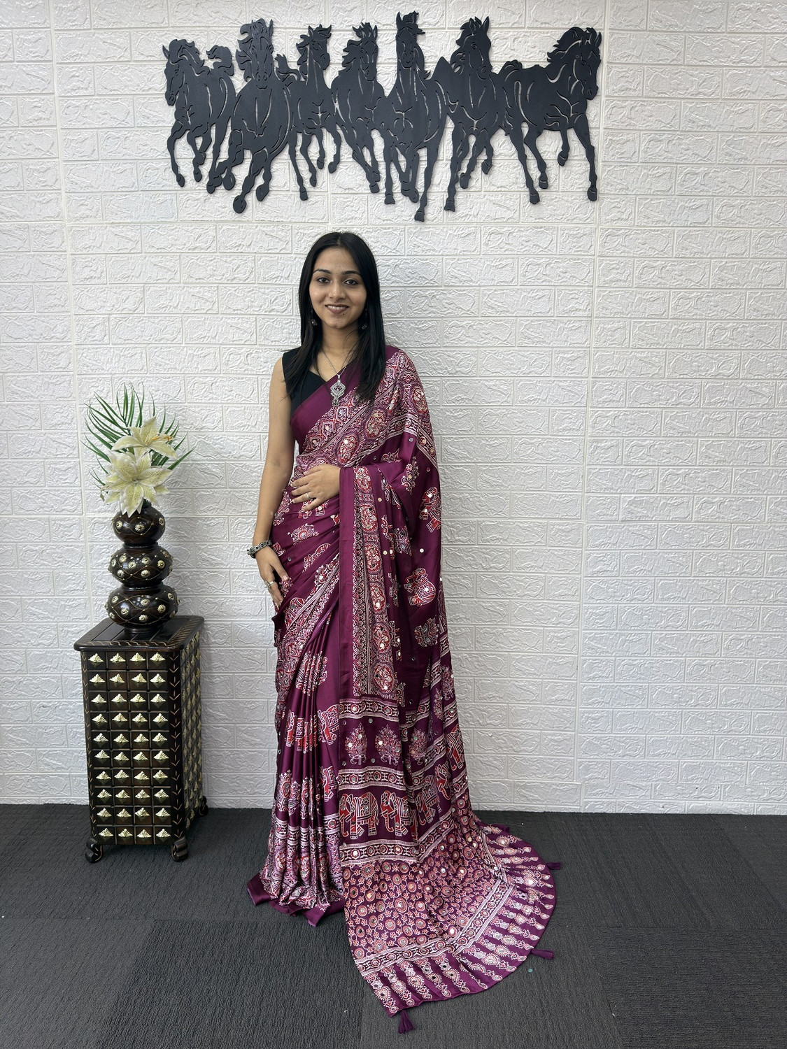 Image of FashDeal Printed Bollywood Satin Saree (Purple)