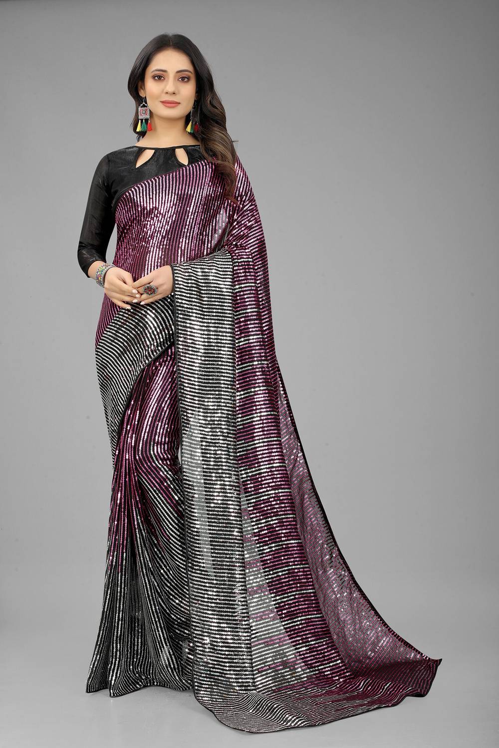 3Buddy Fashion Striped, Embroidered Bollywood Georgette Saree