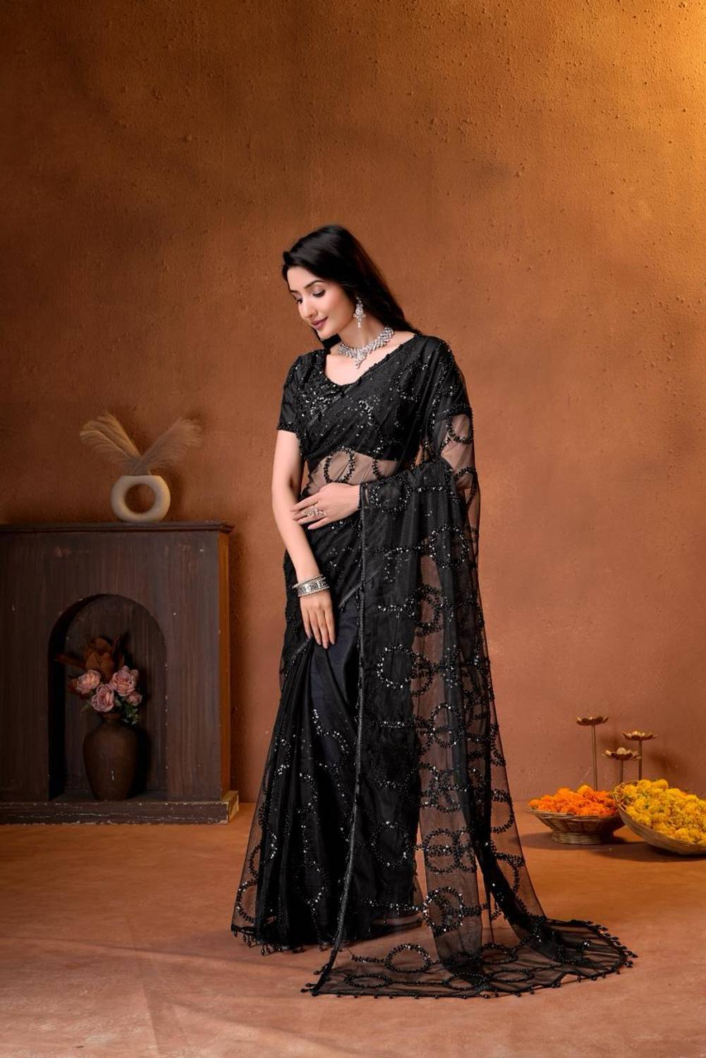 SBSTORE Embroidered Bollywood Net Saree Black - Image 3