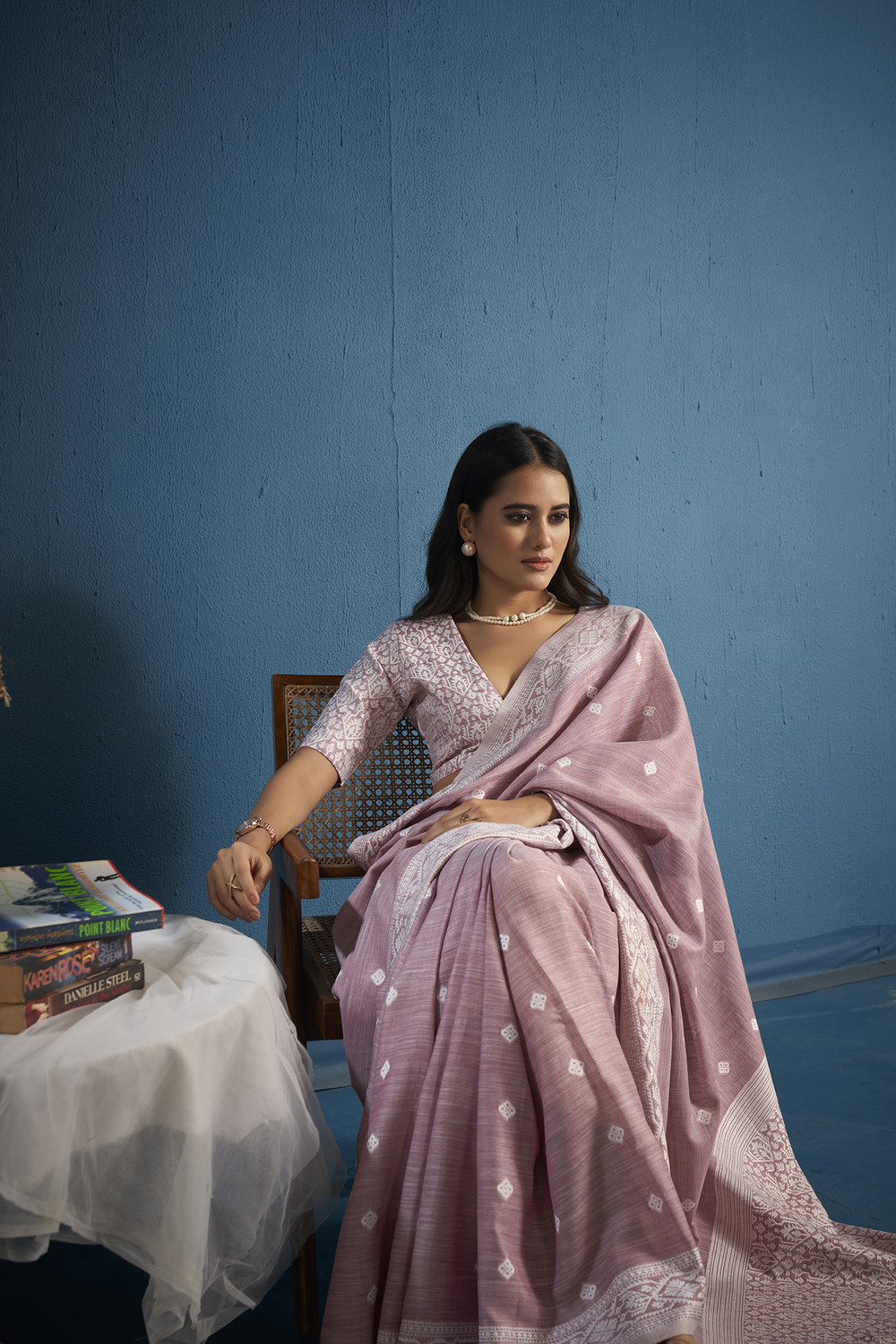 Image of Elora Woven, Self Design, Embroidered Daily Wear Linen Saree