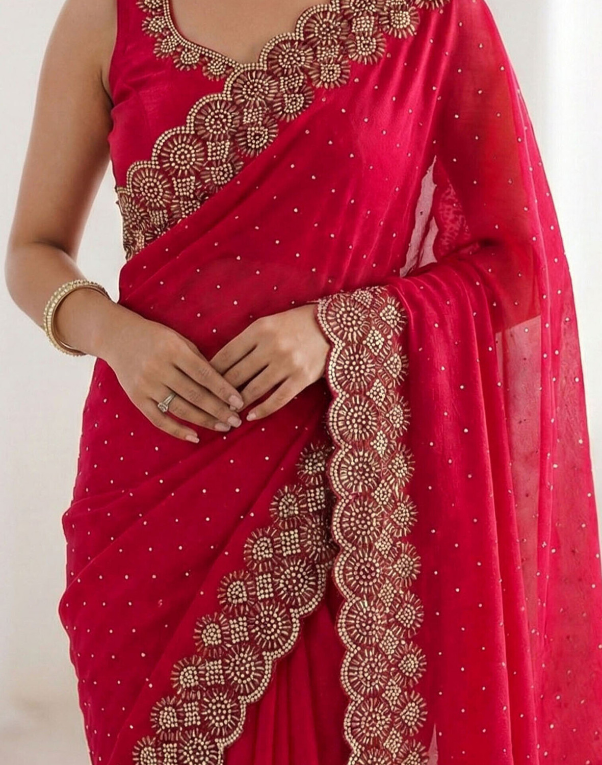 Image of Satrani Embellished Bollywood Tissue, Silk Blend Saree (Red)
