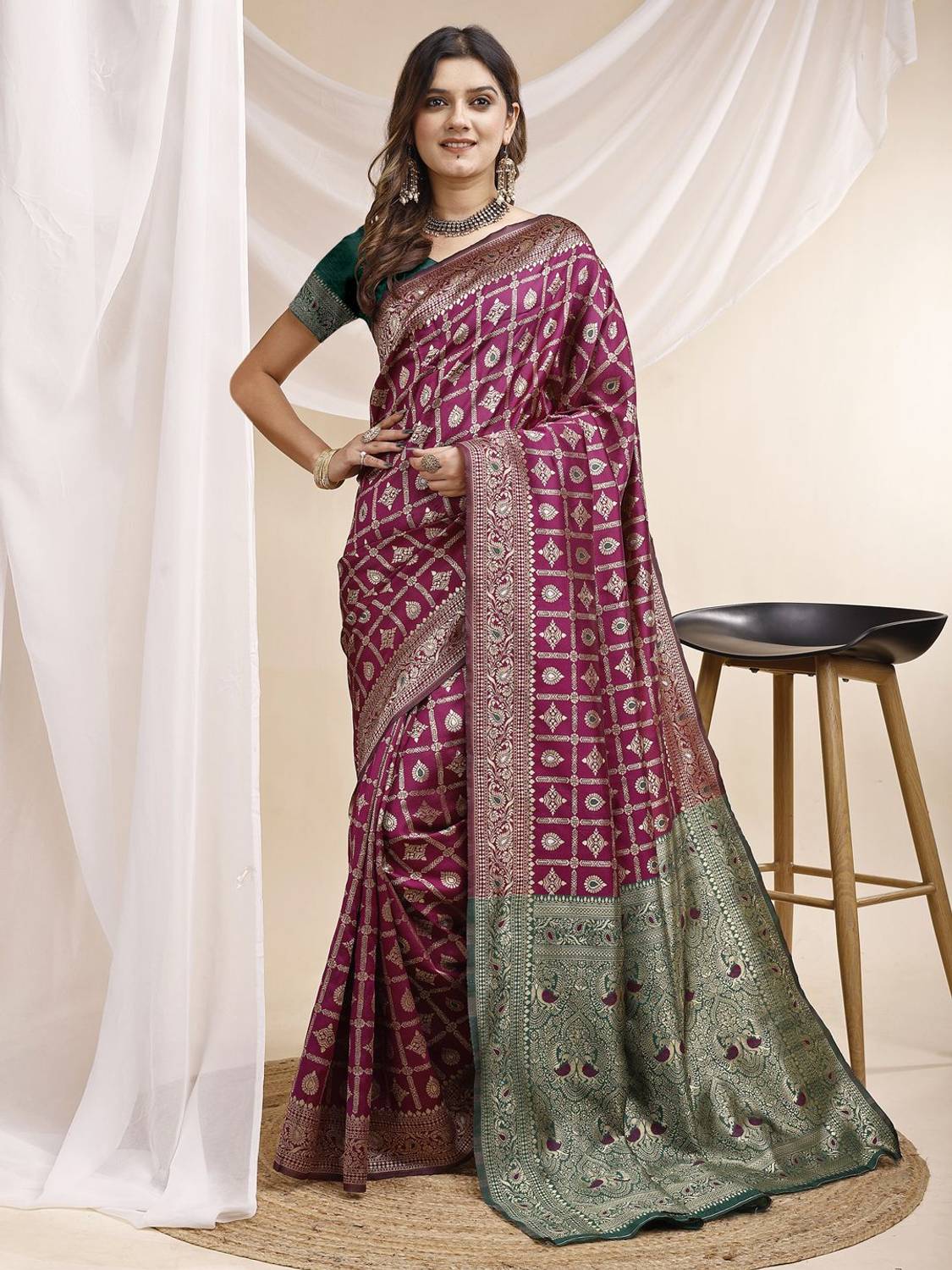 Shree Fashion Purple Banarasi Cotton Blend Saree - Image 1