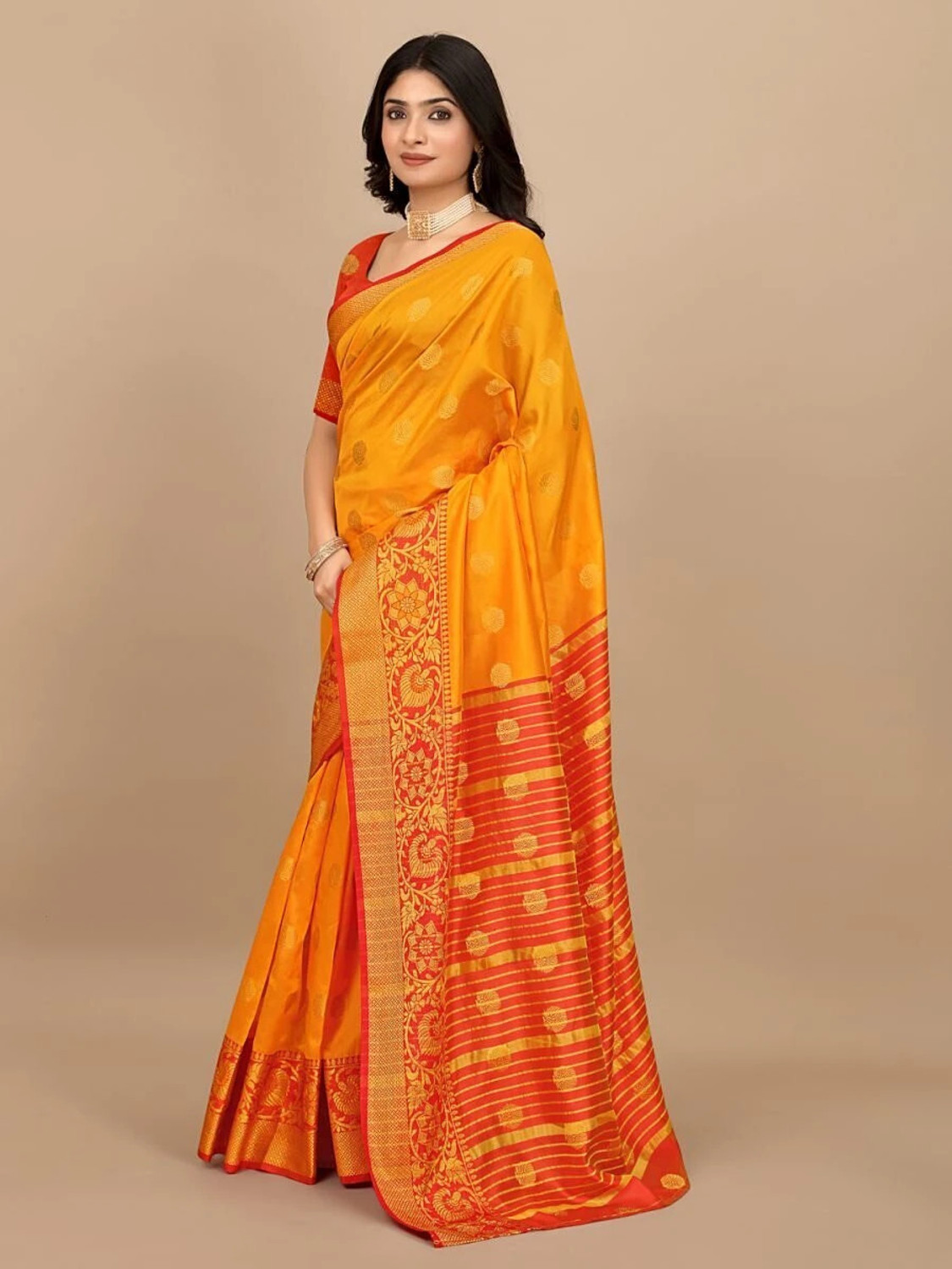 Image of Doroly Temple Border Banarasi Jacquard Saree