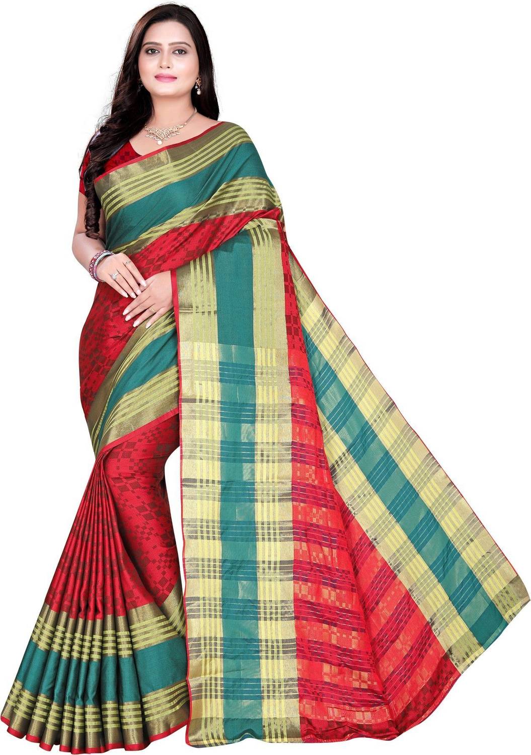 3Buddy Fashion Self Design, Checkered Handloom Cotton Blend, Cotton Silk Saree