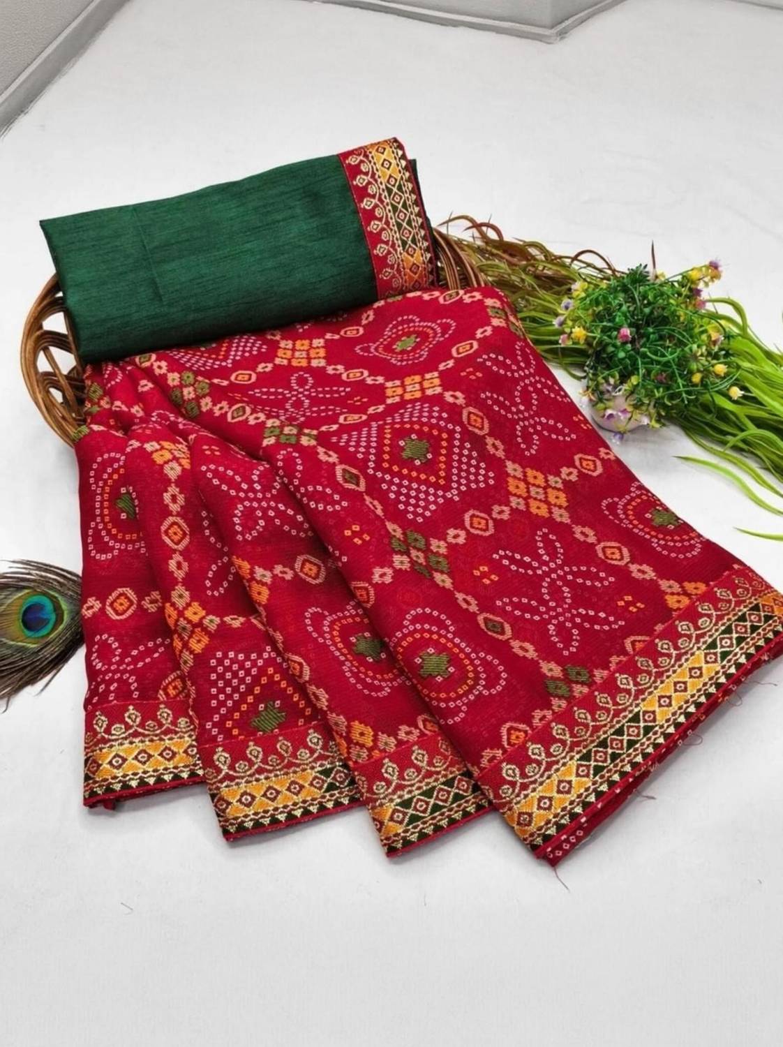 Sadhicreation Sadhcreation Printed Bandhani Georgette Saree, Red