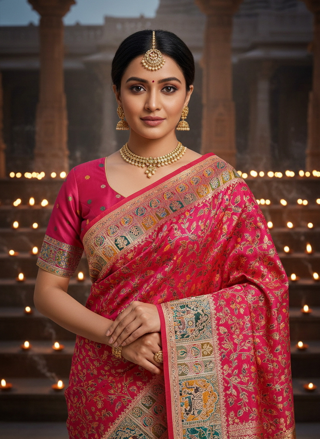 Image of Sariya Woven Banarasi Semi-Pashmina, Jacquard Saree