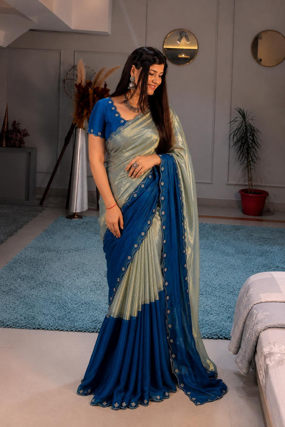 Image of sadala culture Embellished, Color Block Bollywood Tissue, Satin Saree