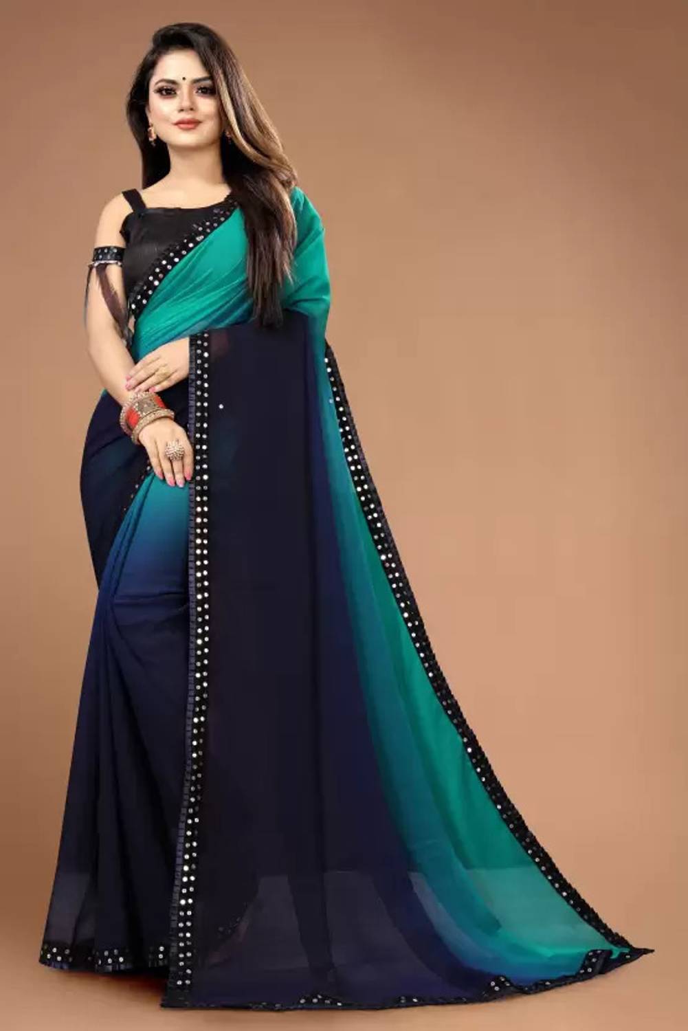 PARASITE Solid/Plain Bollywood Georgette Saree (Blue, Dark Blue)
