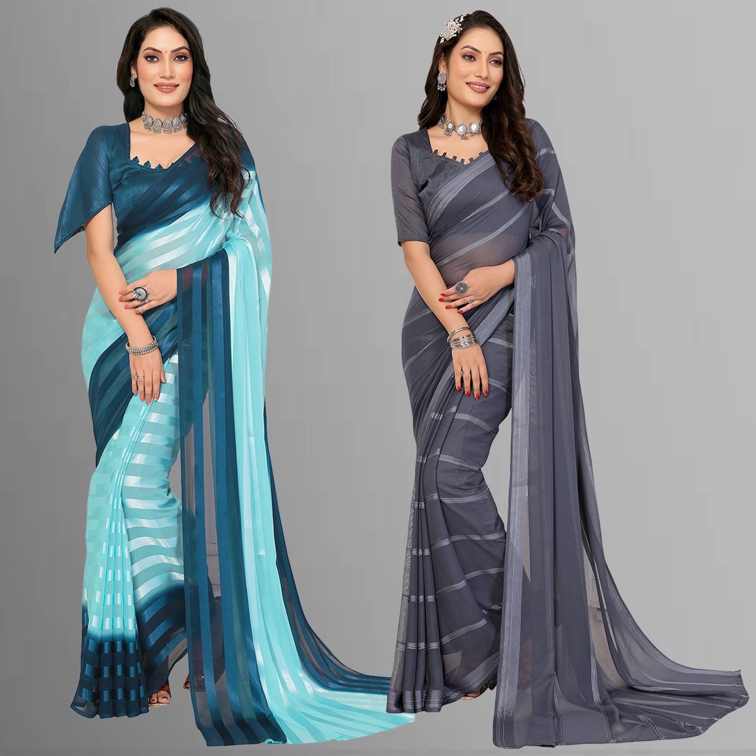 Anand Sarees Embellished, Ombre, Striped Bollywood Satin Saree