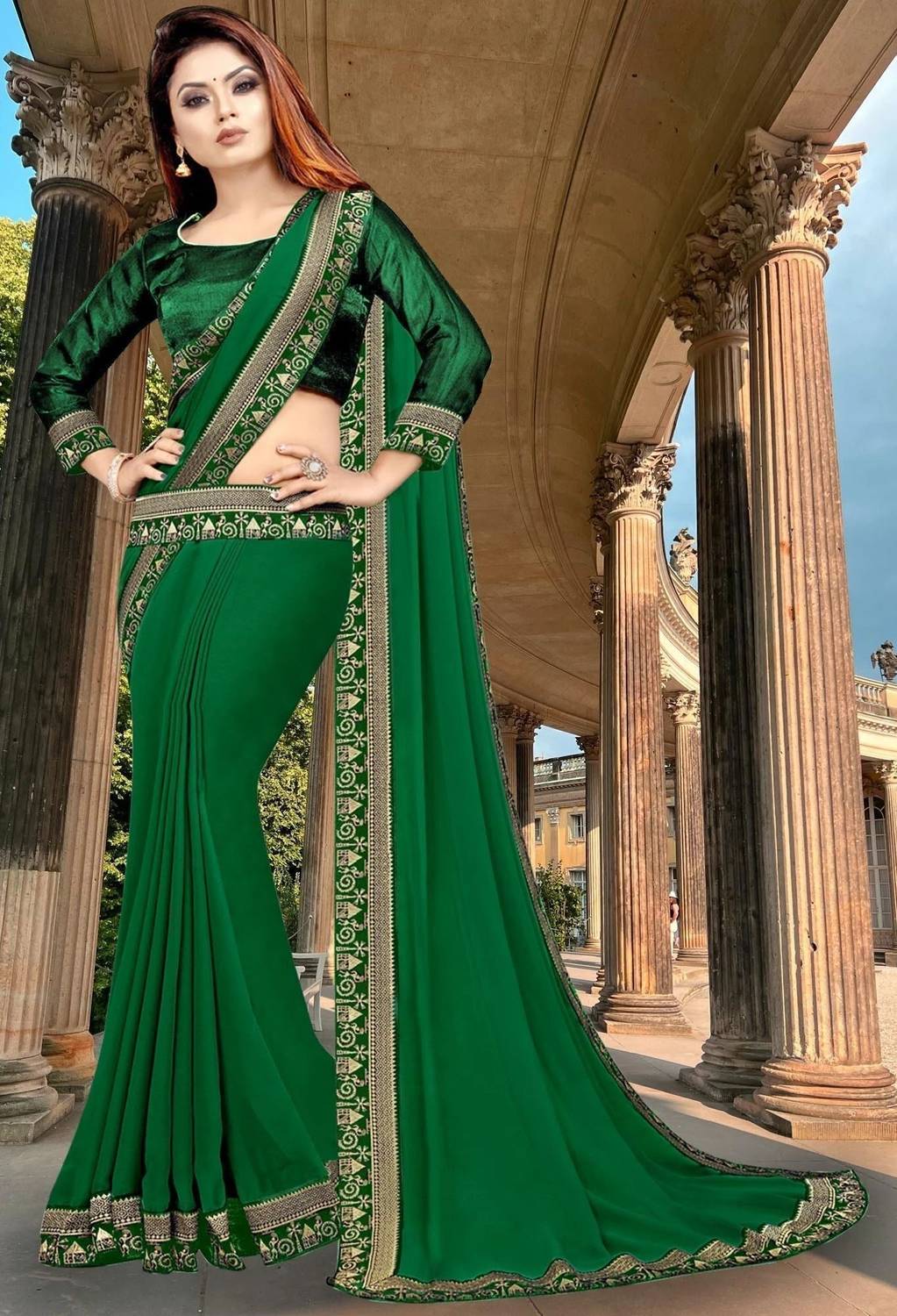 HNC Retail Solid/Plain Bollywood Lycra Blend, Chiffon Saree (Gree