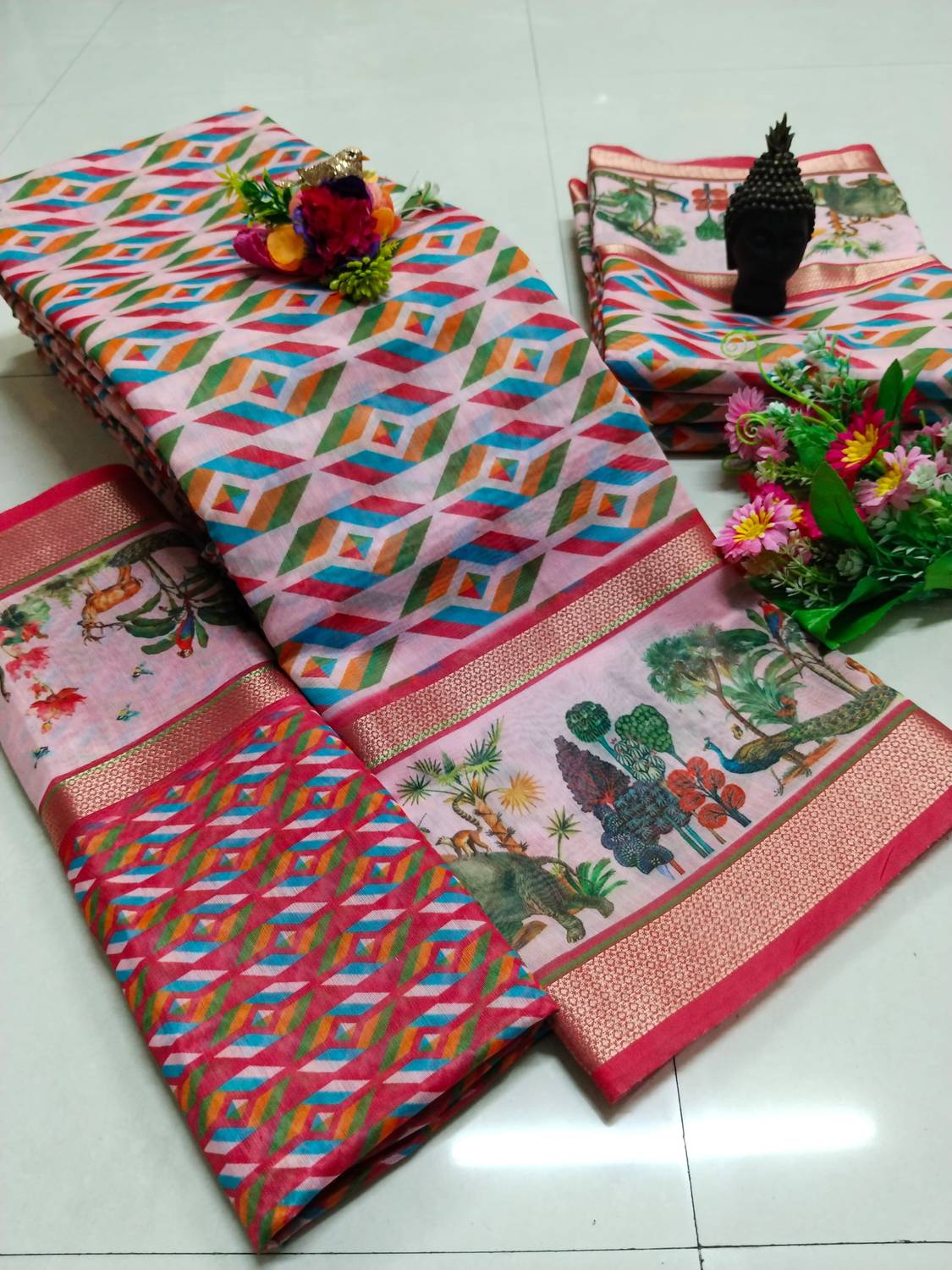 HouseOfCommon Printed Kanjivaram Pure Cotton, Cotton Silk Saree (