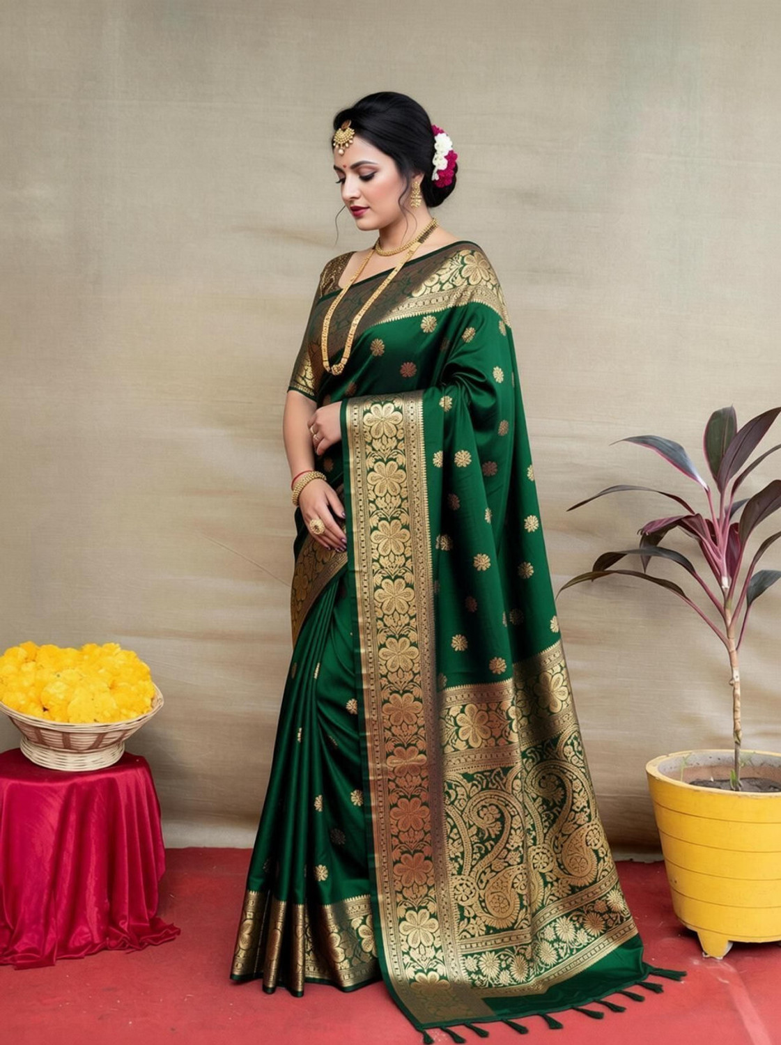 Image of GajGajra Digital Print Banarasi Cotton Silk, Jacquard Saree