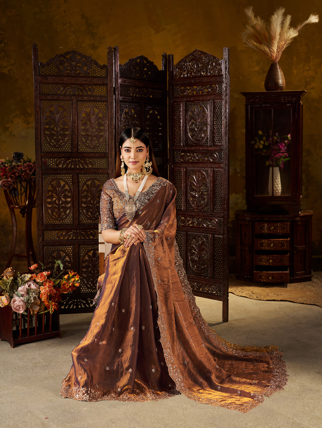 Image of Vivan Fab Embroidered, Embellished Bollywood Jimmy Jimmy, Satin Saree