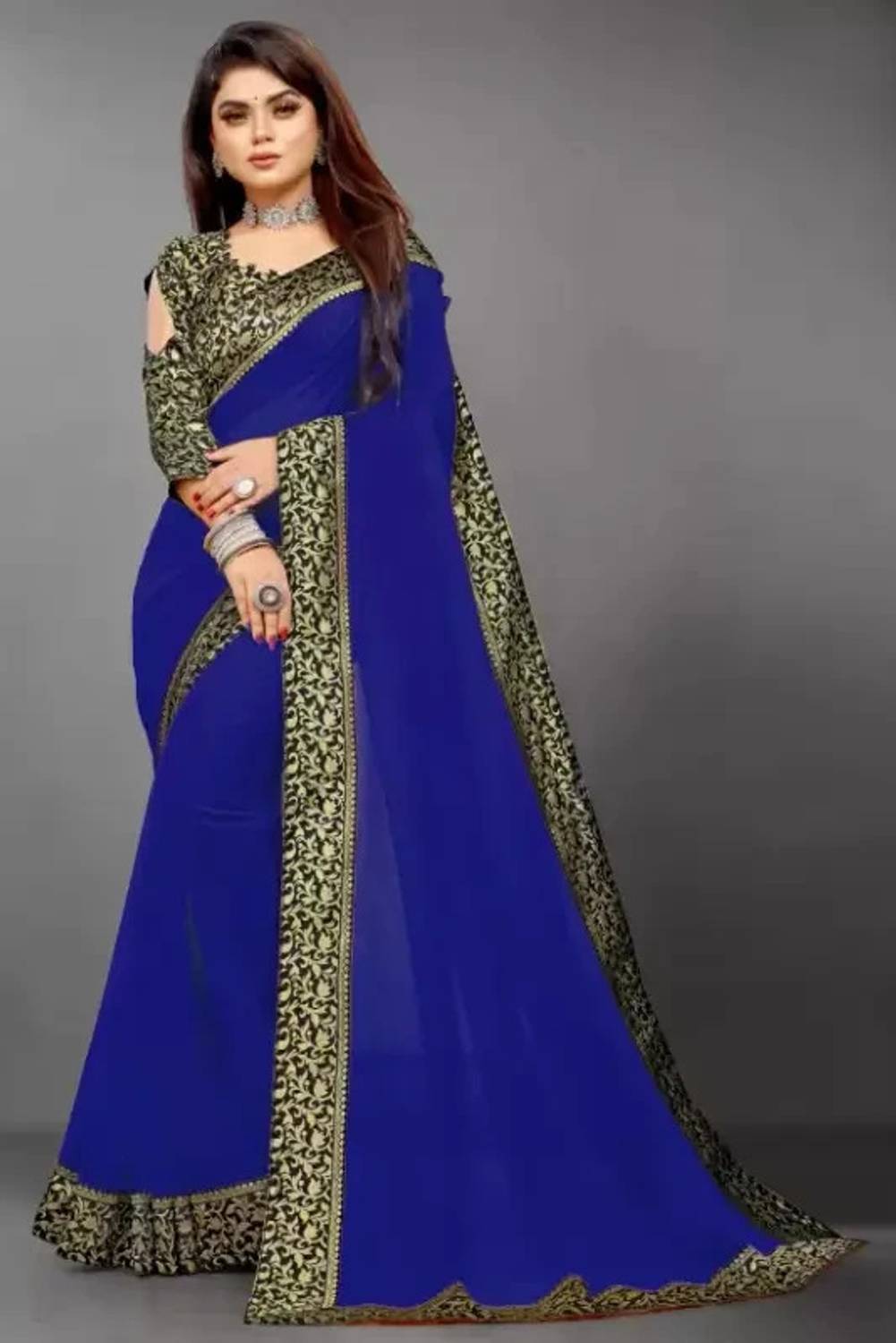 SHREE SHUBH CREATION Solid/Plain Daily Wear Georgette Saree (Blue