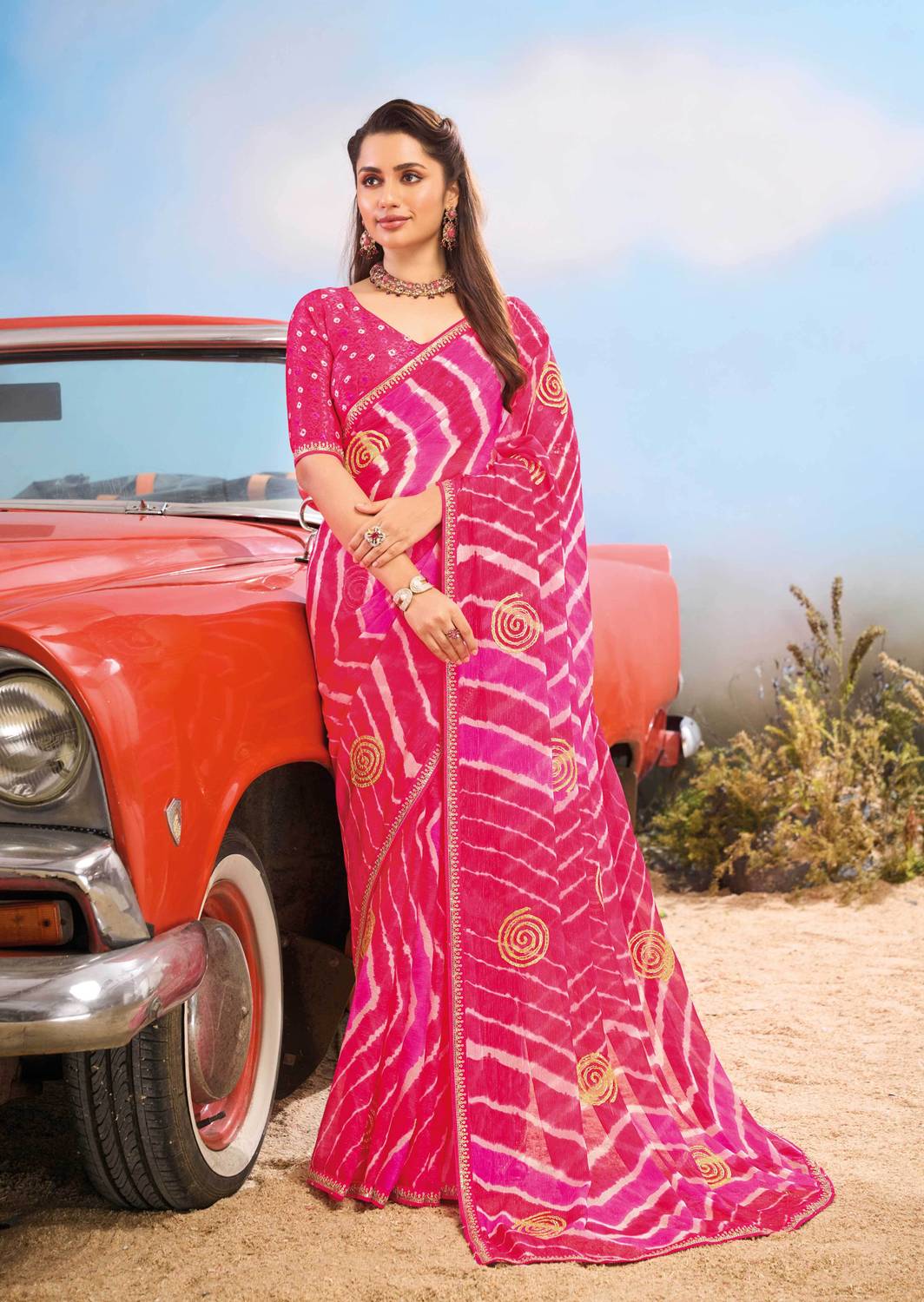 Laxmipati sarees Striped Daily Wear Chiffon Saree (Pink)