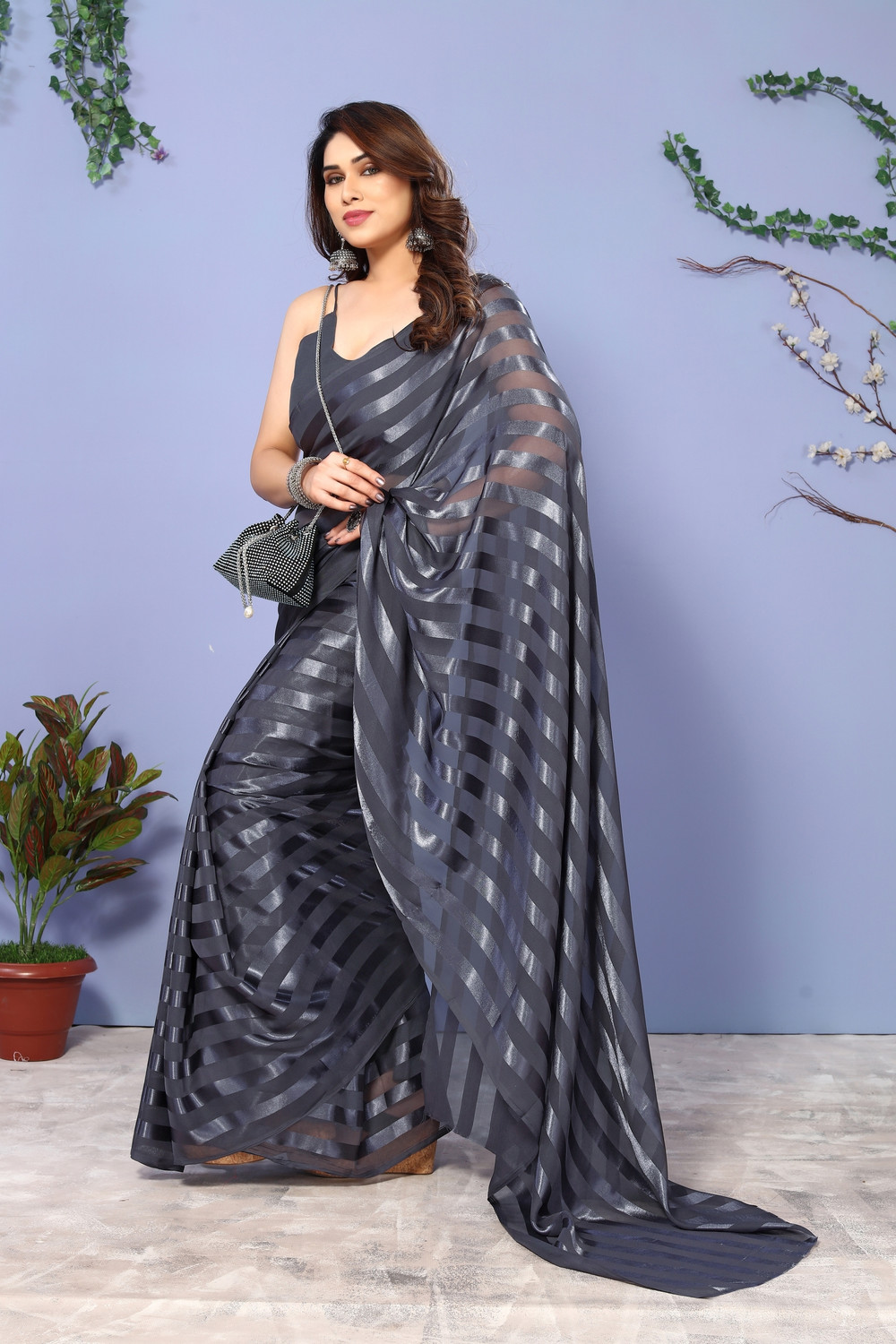 Image of Moda Rapido Striped Bollywood Satin Saree