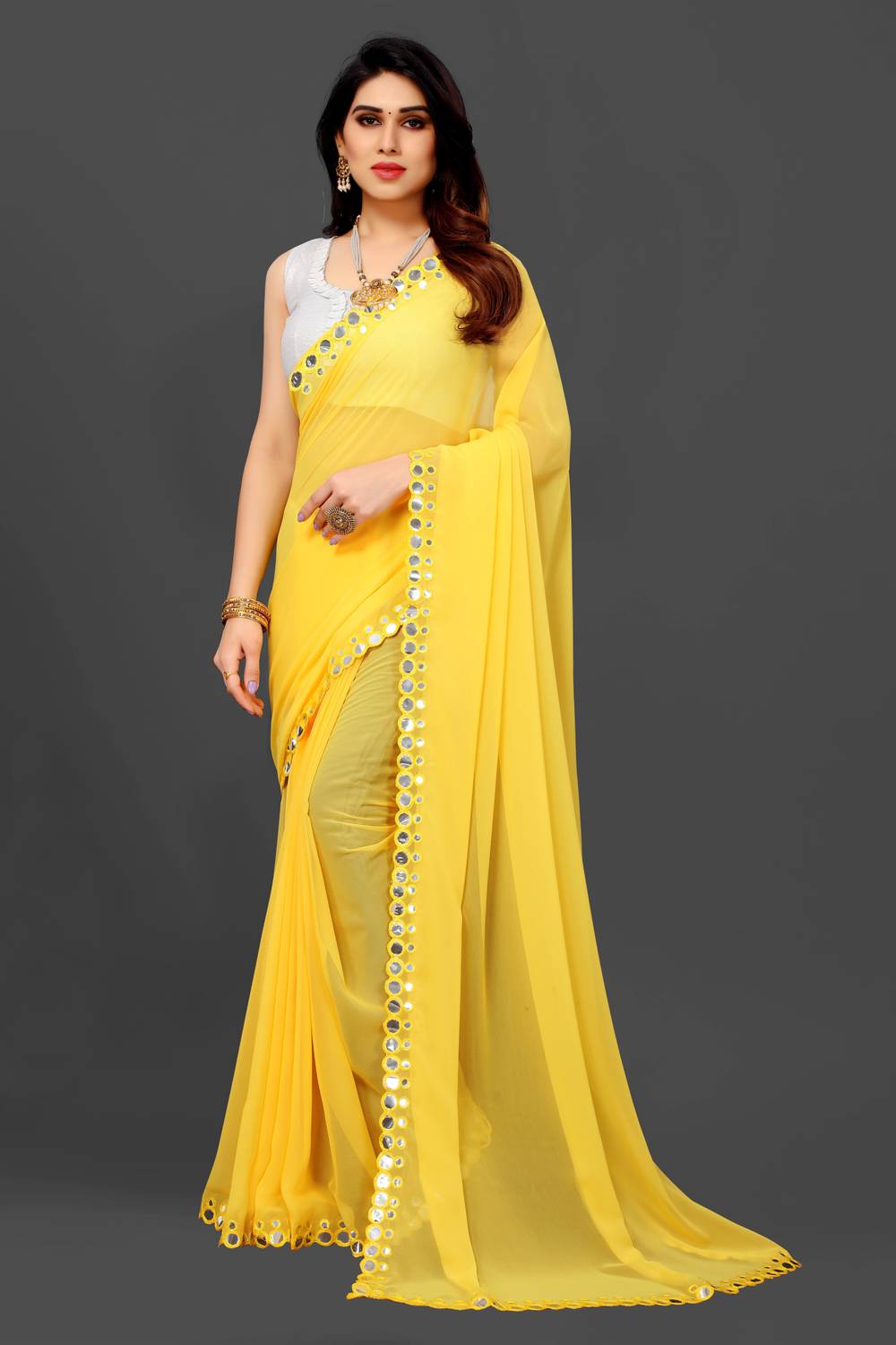 VEERAETHNIC Woven, Embellished Daily Wear Georgette Saree (Yellow