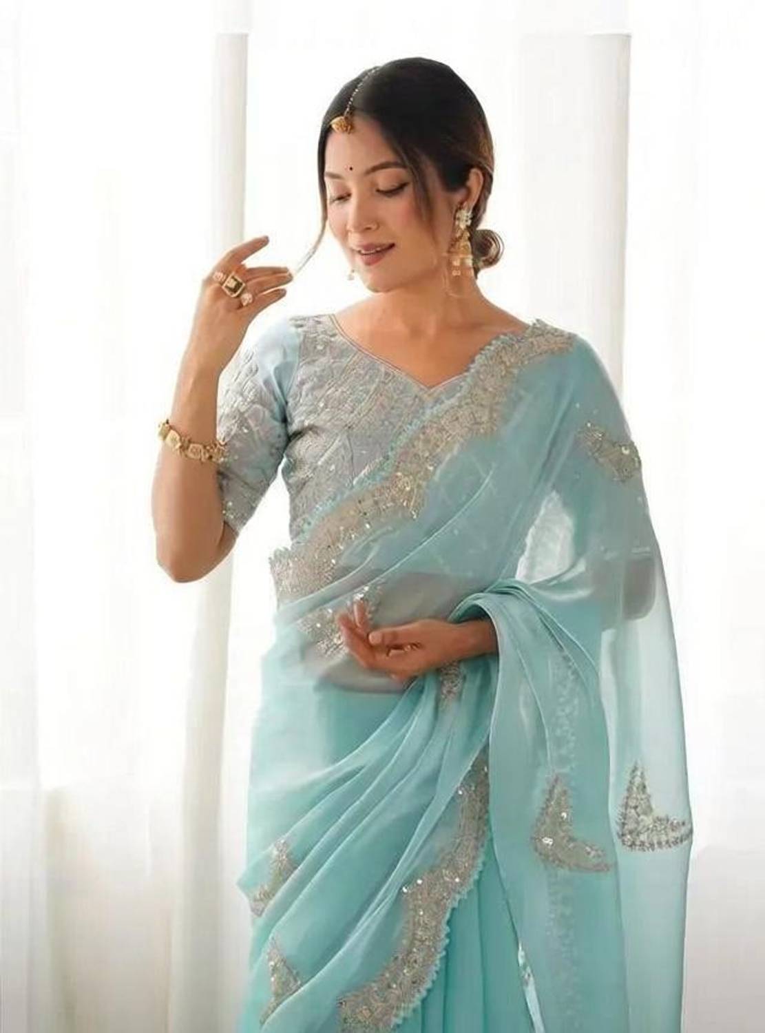 Adhiriti Embroidered, Embellished Bollywood Organza Saree