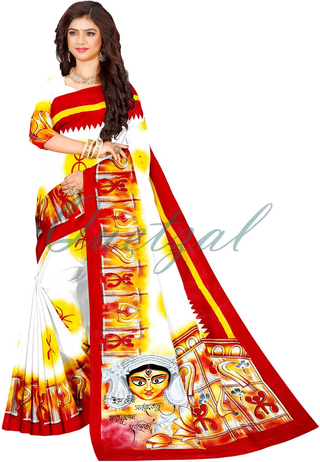 Quetzal Printed, Graphic Print, Hand Painted Jamdani Pure Cotton Saree