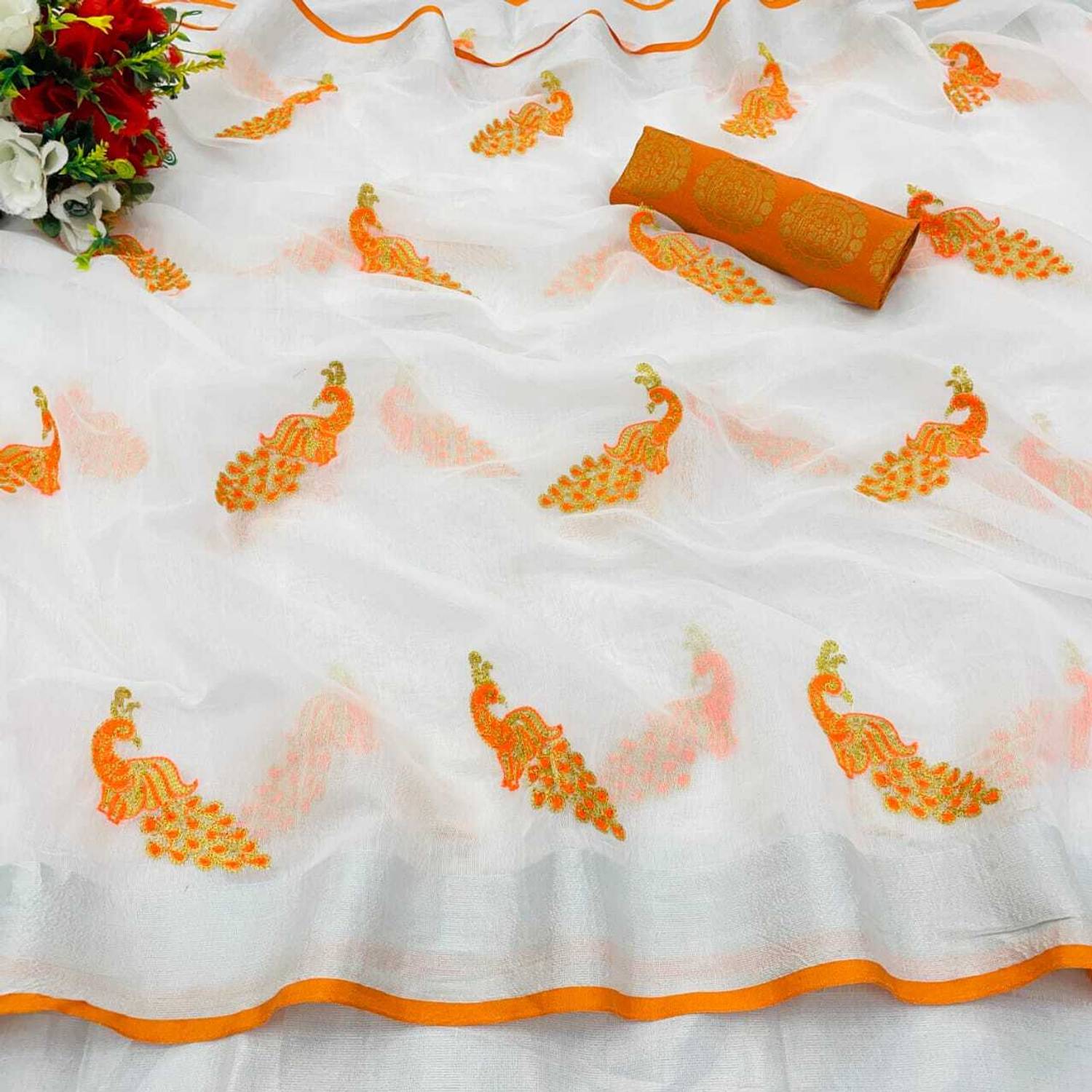 KRIVITY Embroidered Chanderi Cotton Linen Saree (Orange)