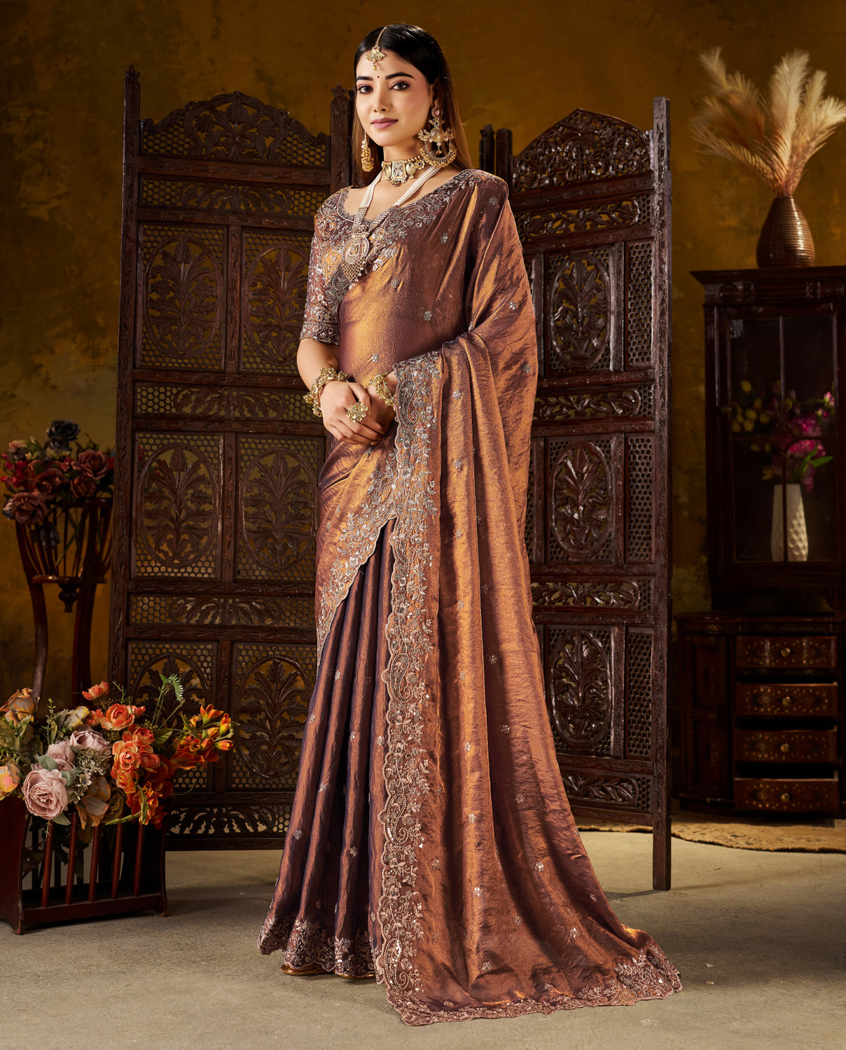 Image of Vivan Fab Embroidered, Embellished Bollywood Jimmy Jimmy, Satin Saree
