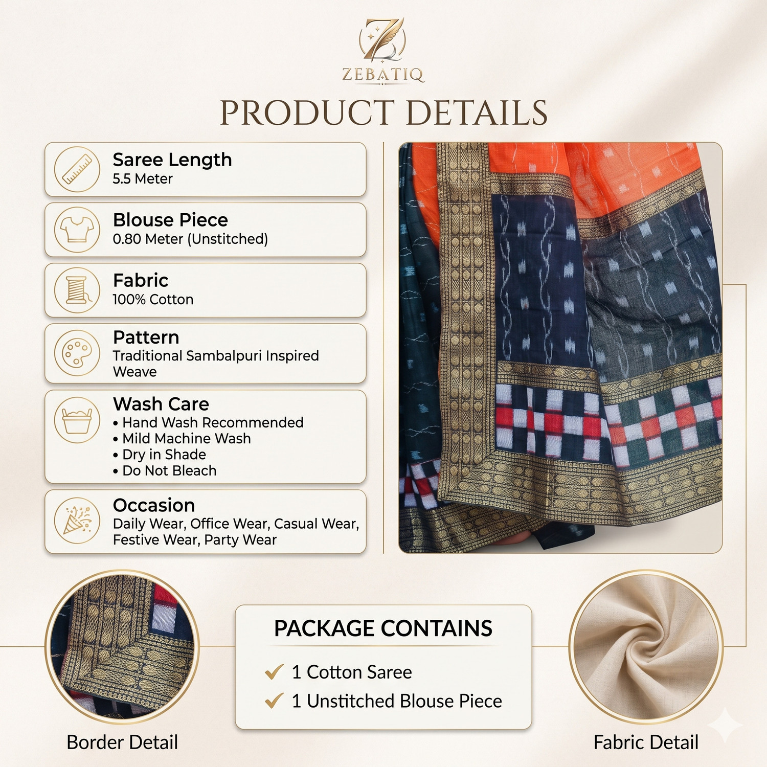 Image of ZEBATIQ Woven Sambalpuri Pure Cotton Saree