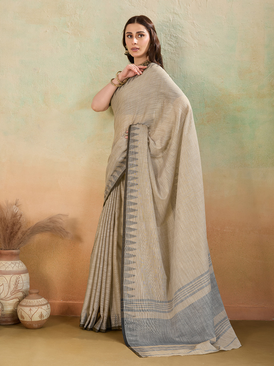 Image of BFM Woven Bollywood Linen Saree (Beige)
