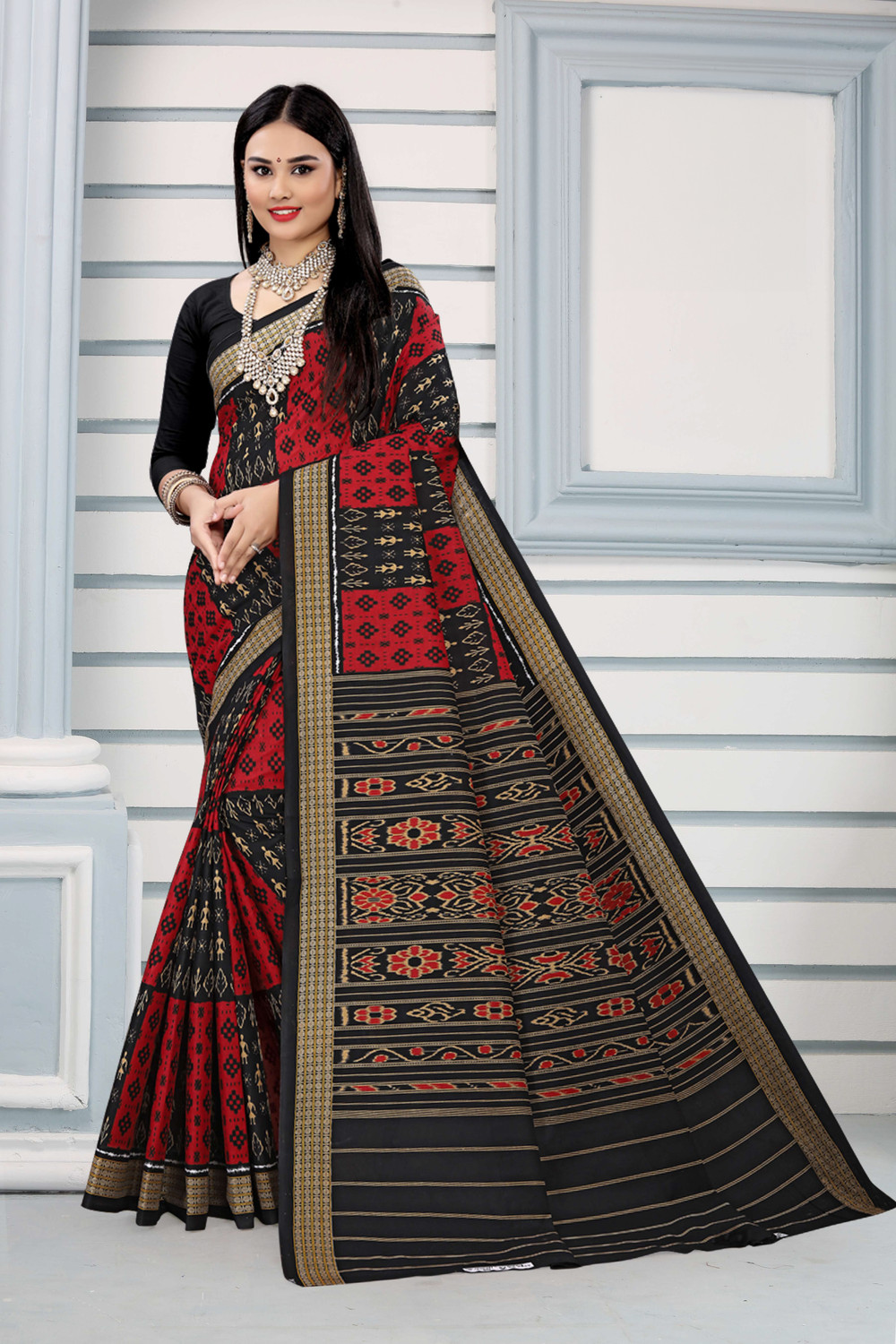 Image of ETHNIC ODISHA HANDLOOM Printed, Digital Print, Geometric Print, Checkered, Polka Print, Graphic Print Sambalpuri Pure Cotton Saree (Red)