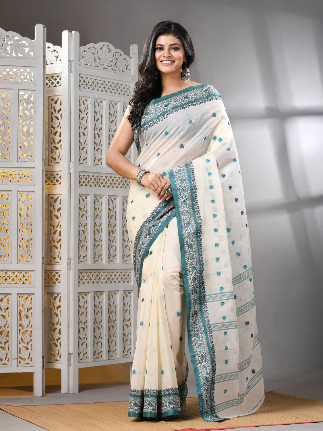 WoodenTant Woven Tant Pure Cotton Saree (Cream)
