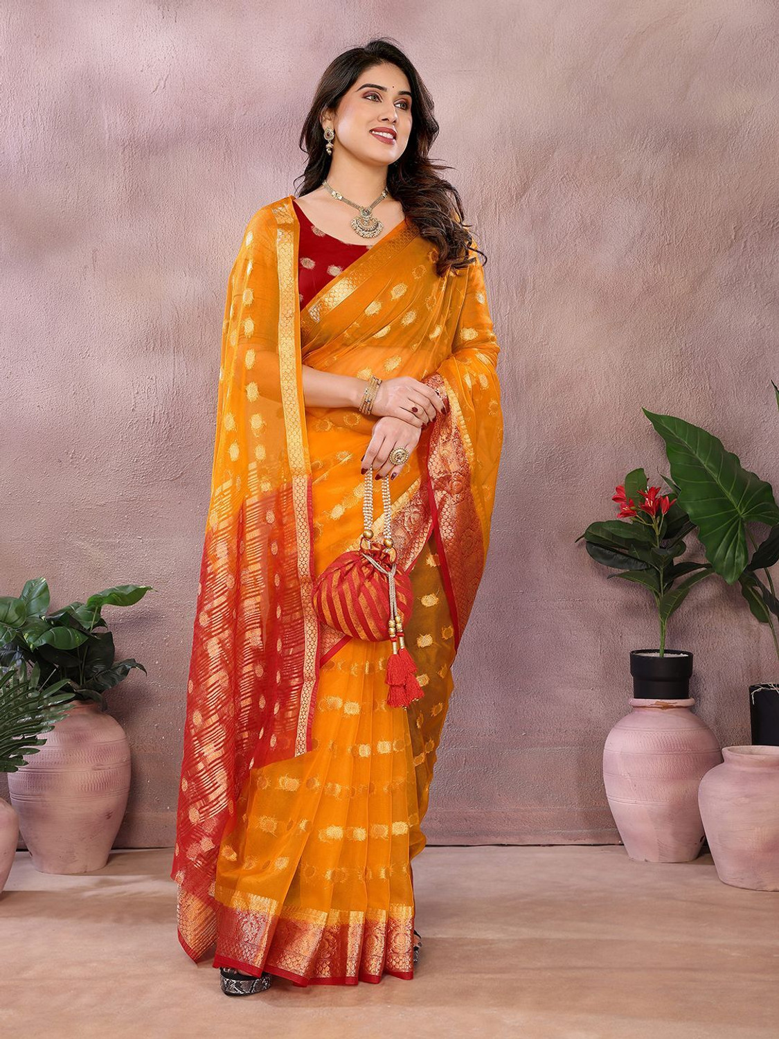 Image of Hema Silk Mills Printed Bollywood Organza Saree (Yellow)