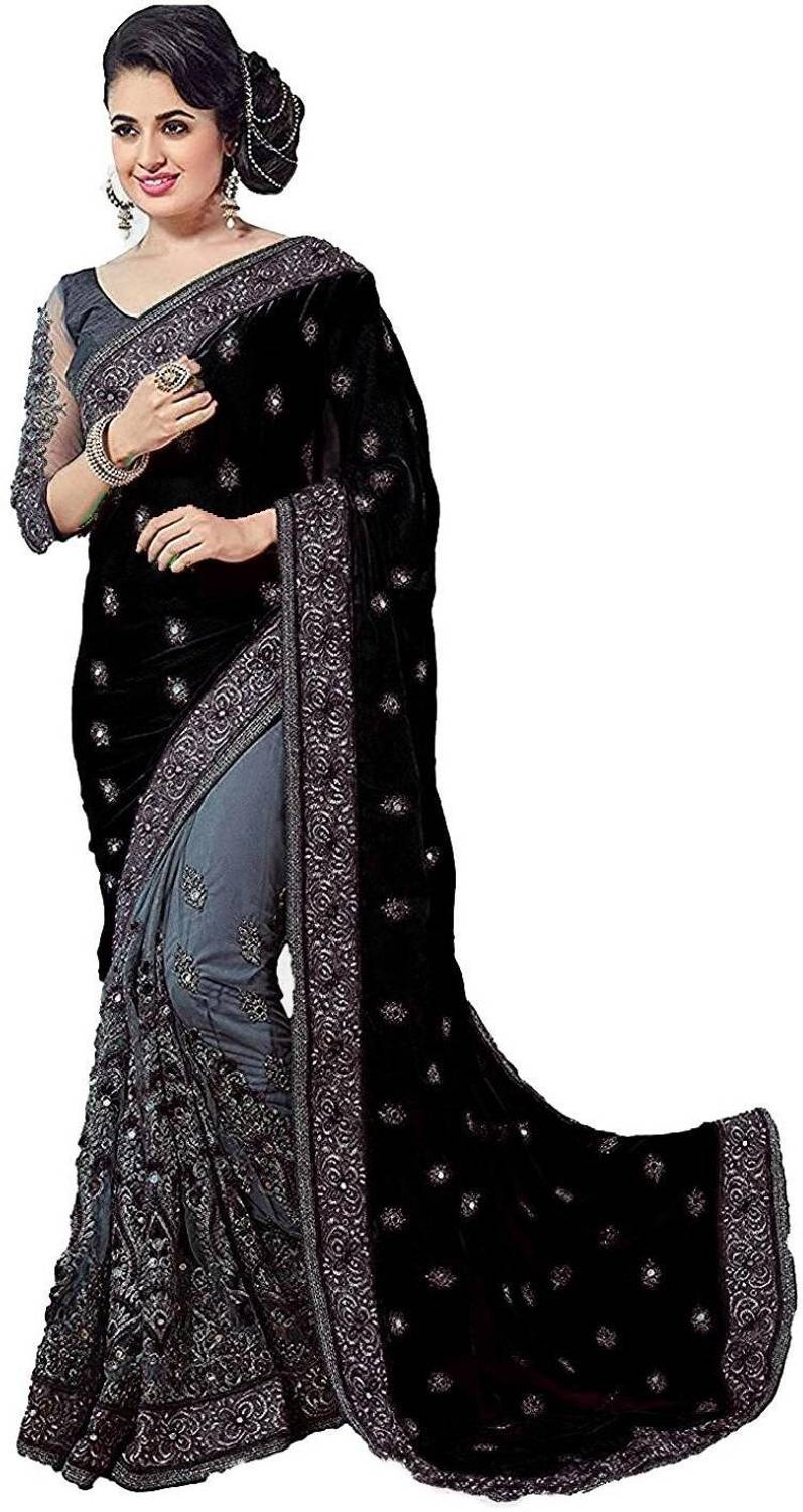 SLAVIA CREATION Embroidered Bollywood Silk Blend Saree (Black)