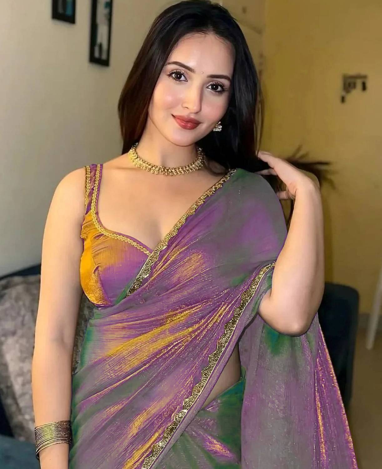 BRAHMSHAKTI Embellished Bollywood Tissue, Pure Silk Saree (Purple
