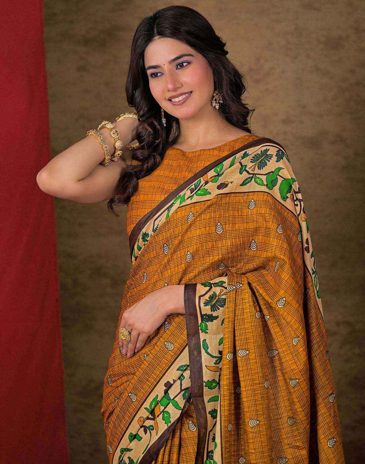 Samah Printed, Embellished Bollywood Cotton Blend Saree (Mustard)
