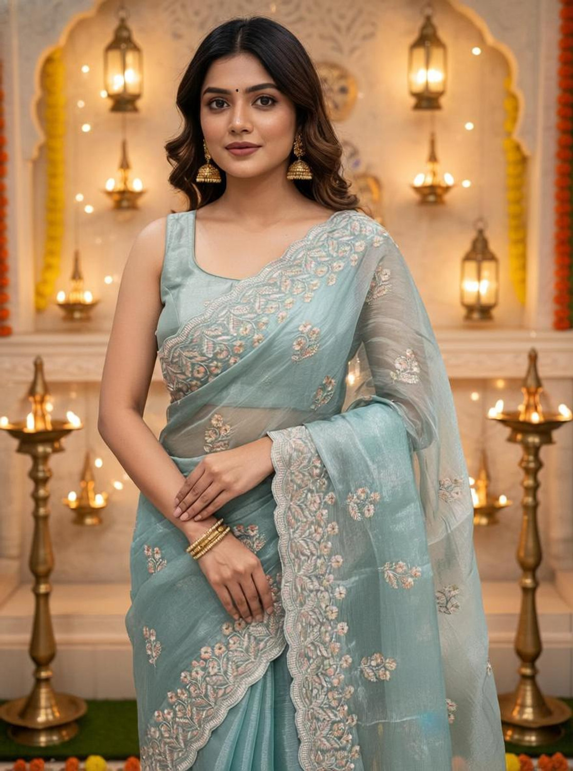 Image of Sariya Embroidered Bollywood Organza, Chiffon Saree