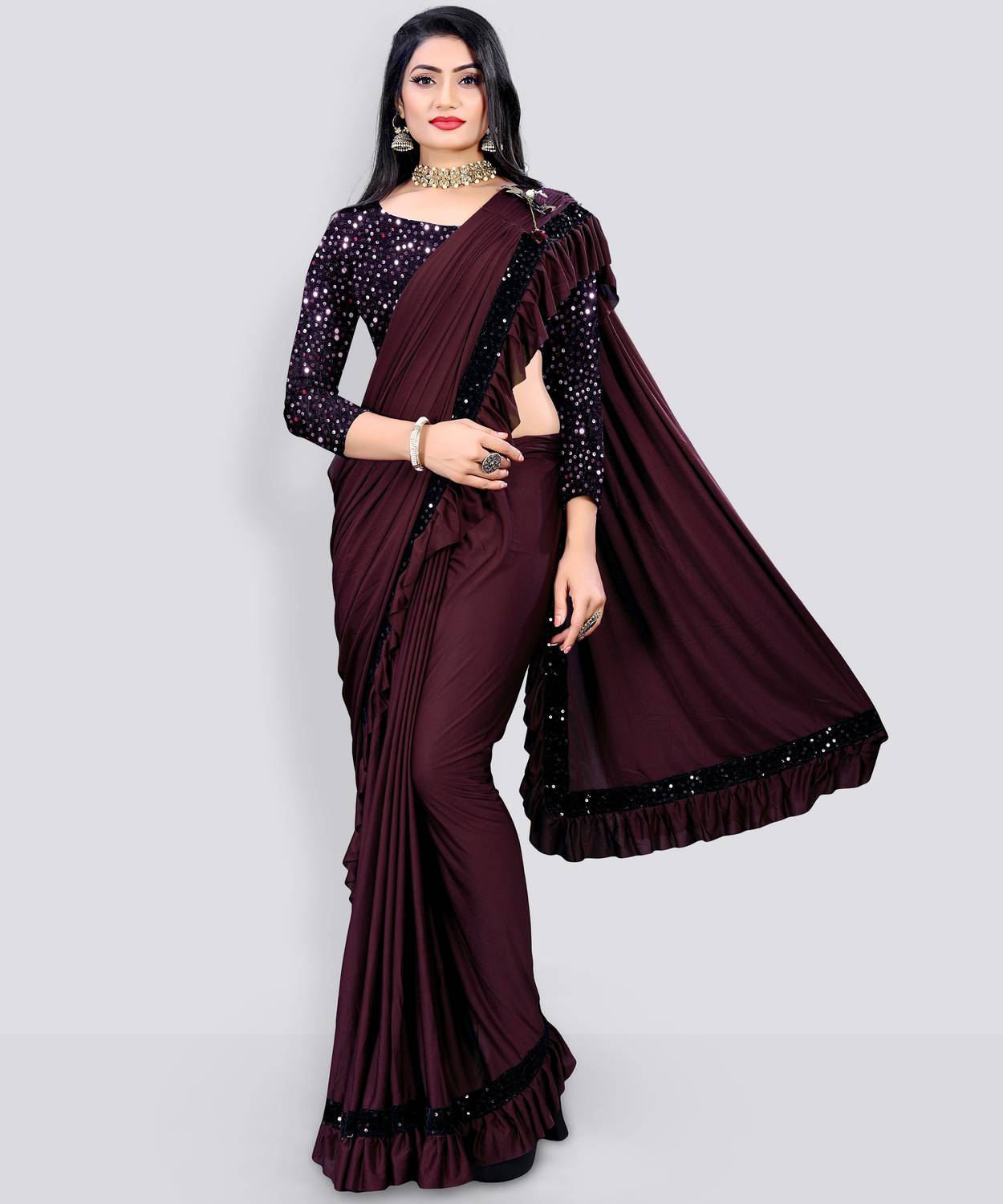 MIJAASHREE Embellished Bollywood Lycra Blend Saree (Maroon)