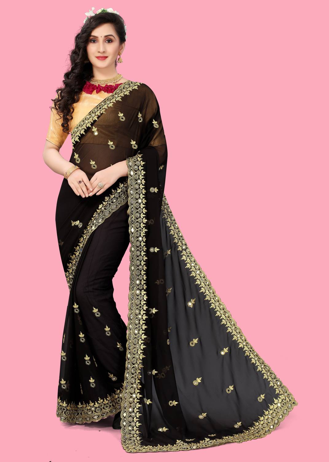 NETRA BOUTIQUE Embroidered Bollywood Georgette Saree (Black)