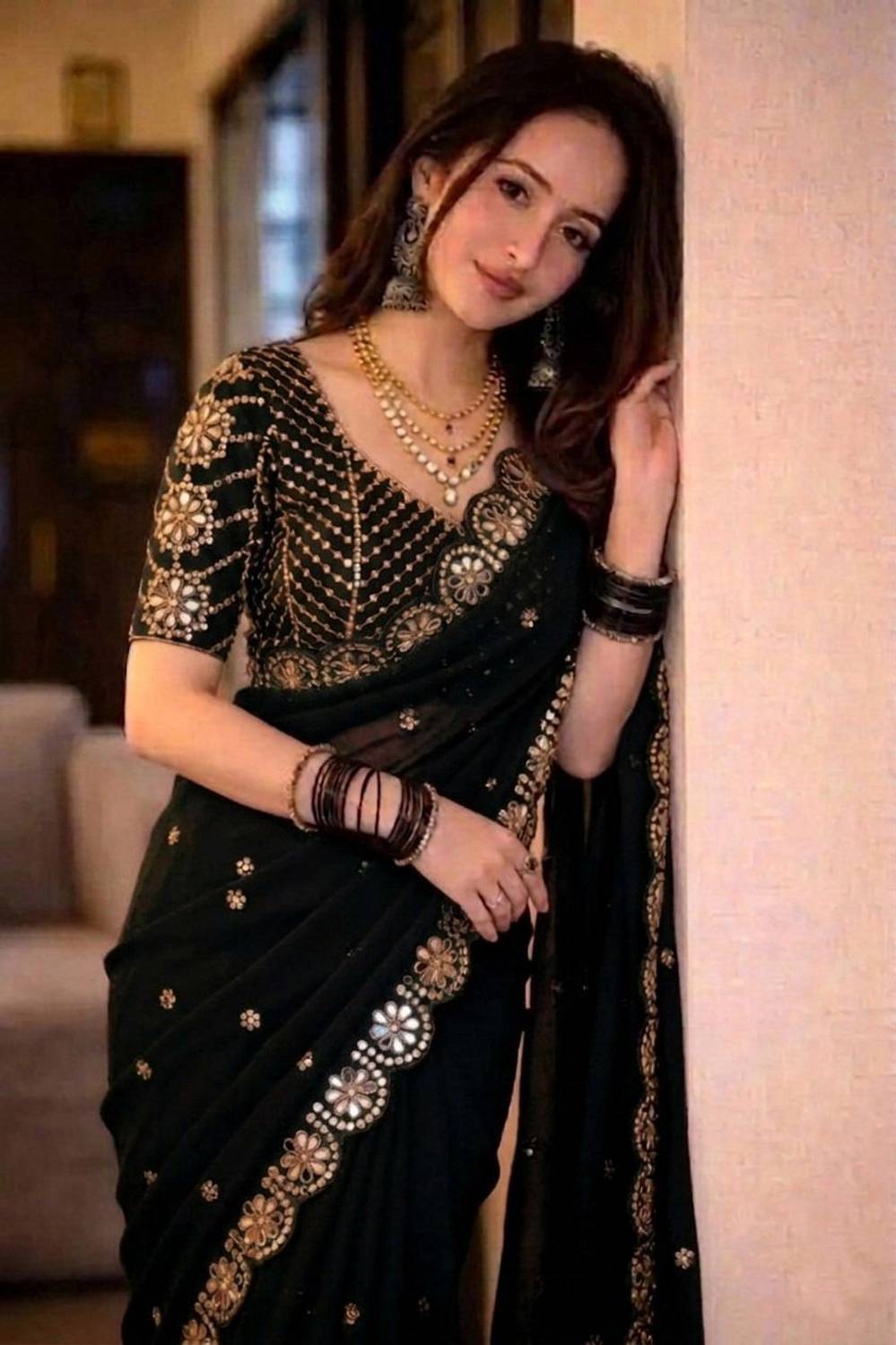 jashvicreation Embellished Bollywood Georgette Saree Black - Image 1
