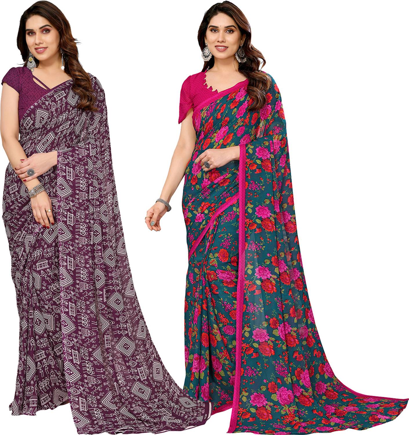 Anmi Paisley, Ombre, Geometric Print, Floral Print, Striped, Checkered, Self Design, Printed Daily Wear Georgette Saree