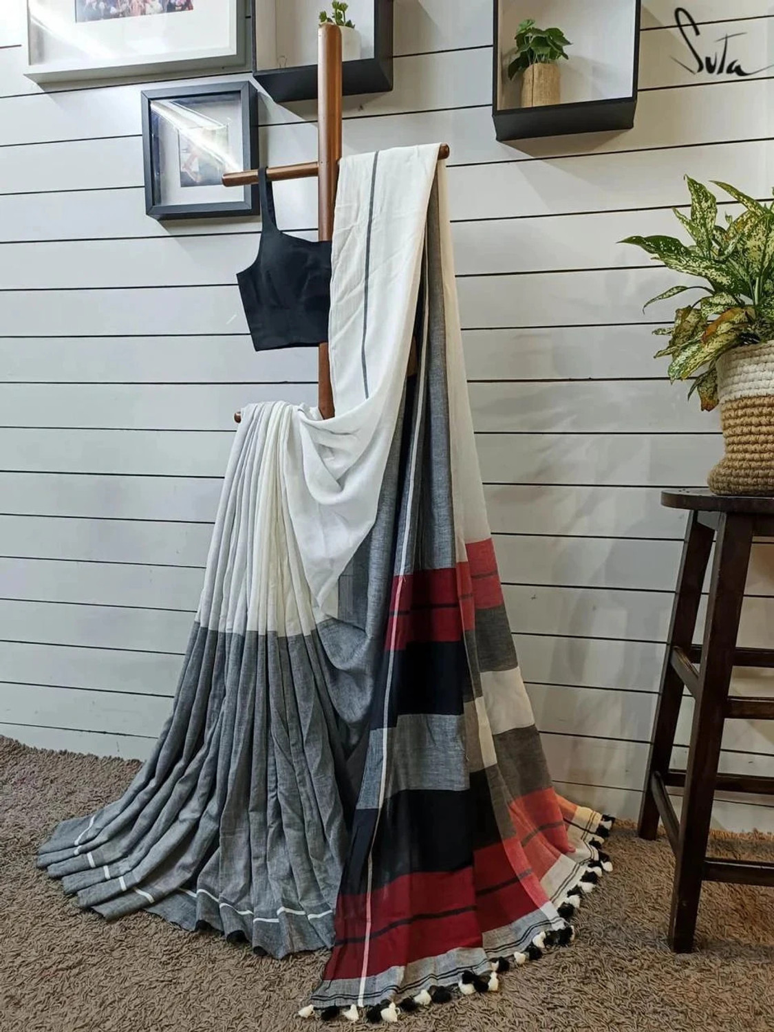 Image of SAPTAK FASHION Solid /Plain Handloom Cotton Blend Saree (White, Grey)